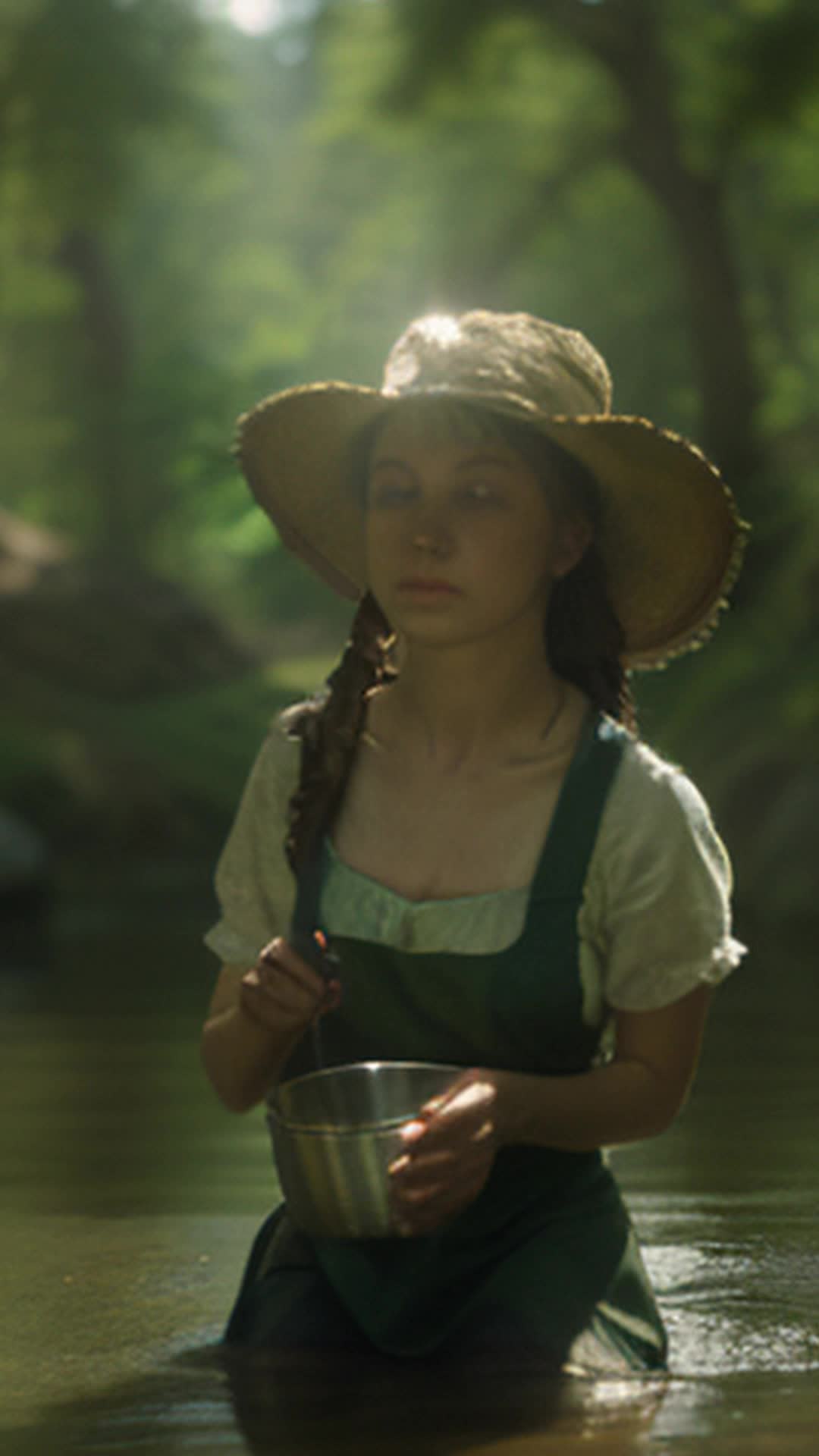 maiden fetching water from creek, 1600s attire, worn apron, rustic countryside, clear flowing creek, wooden bucket, lush green surroundings, mosscovered rocks, tall old trees, soft shadows, detailed and sharp focus, sun beams breaking through canopy, peaceful and historical ambiance, slow graceful movements, low angle shot, soft warm lighting, natural tones, serene environment, rendered by octane