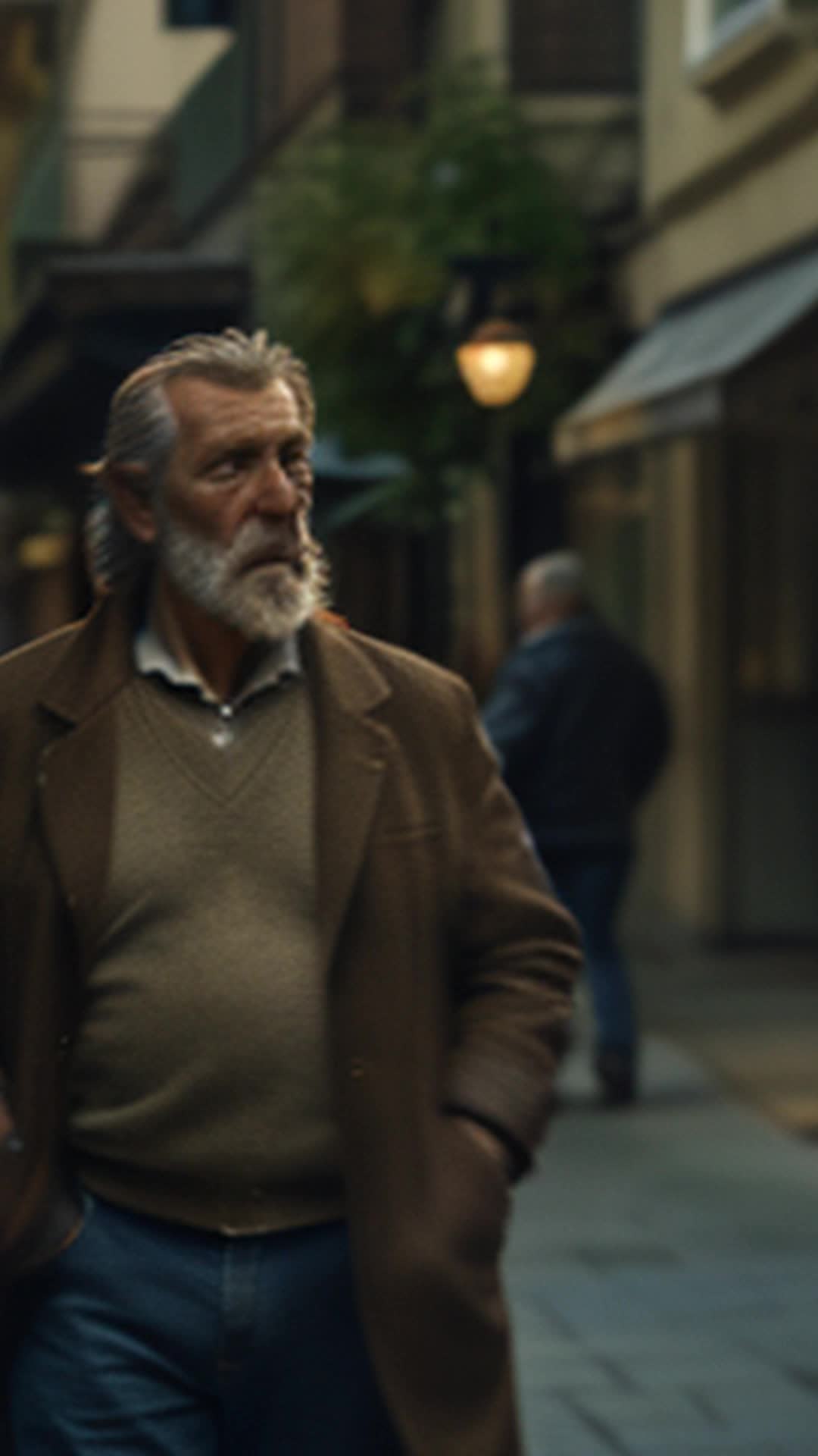 Middleaged man, rugged features, saltandpepper beard, wearing casual clothes, standing in urban setting, bustling city street, vintage brick buildings in background, soft shadows, natural light, detailed and sharp focus, dynamic movement, with people walking by, wideangle shot, city noise subtly fading in, ambient sounds of conversations and distant car horns, twilight setting, relaxed and contemplative mood, captured in cinematic style