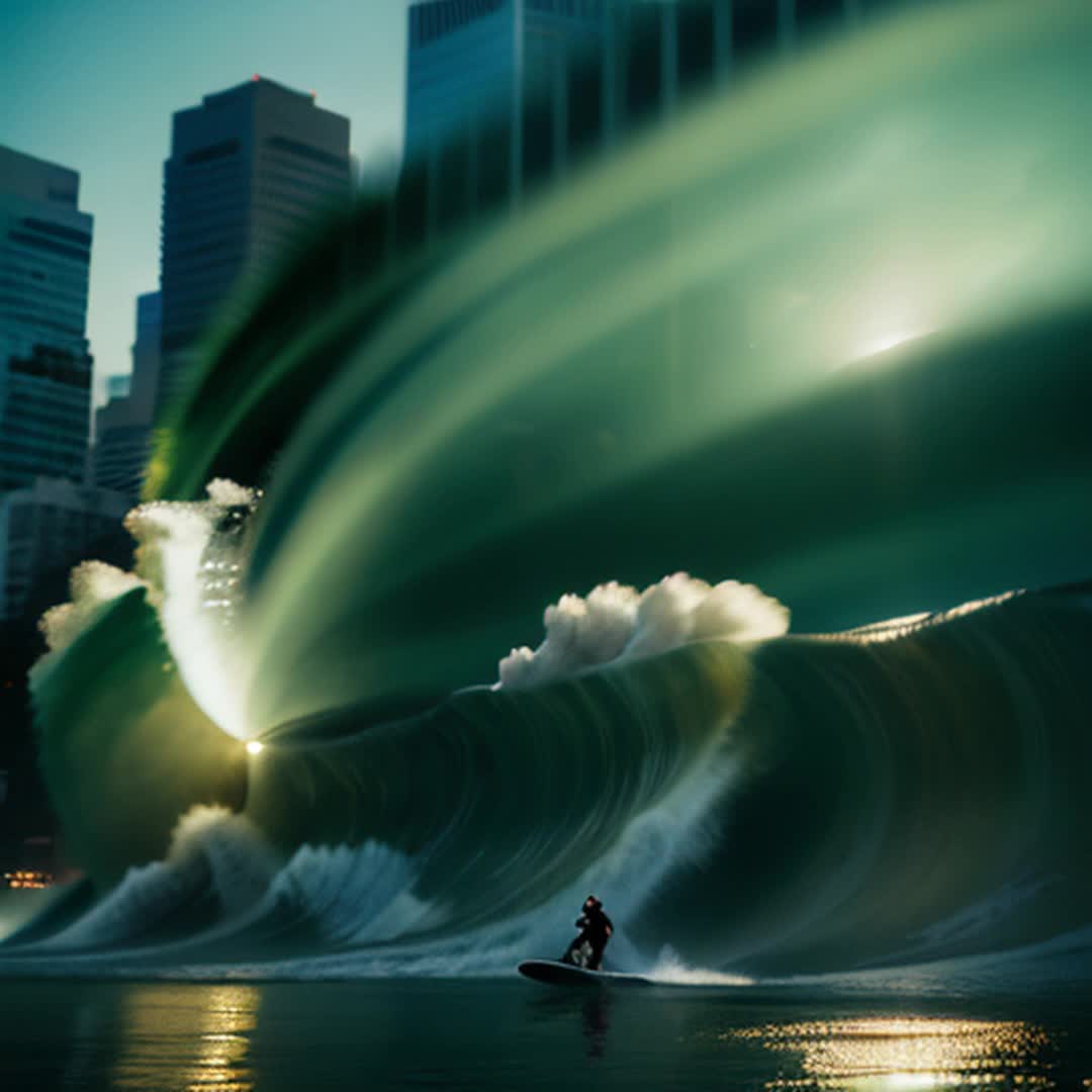 Gigantic tsunami wave, rider surfing through streets, San Francisco cityscape, water crashing against buildings, highspeed action, intense and dynamic, city lights reflecting on water, urban chaos, skyscrapers looming, dramatic and thrilling, cinematic feel, rendered with realistic details, highly detailed and sharp focus, soft shadows, wideangle perspective, dynamic camera movements, epic scale and intensity, by art germ