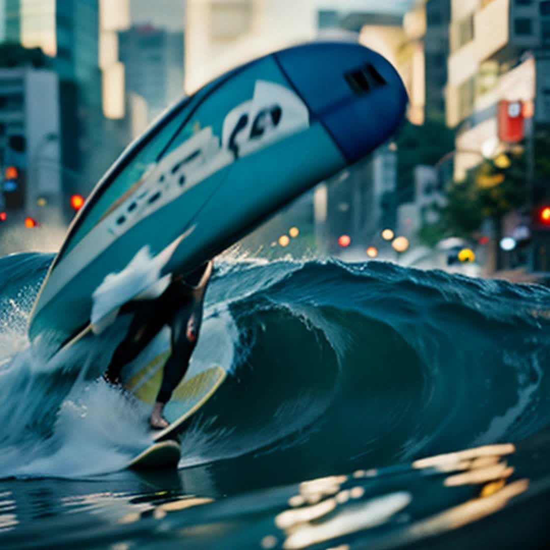 Surfer on a surf board riding a tsunami through the streets of Tokyo 
