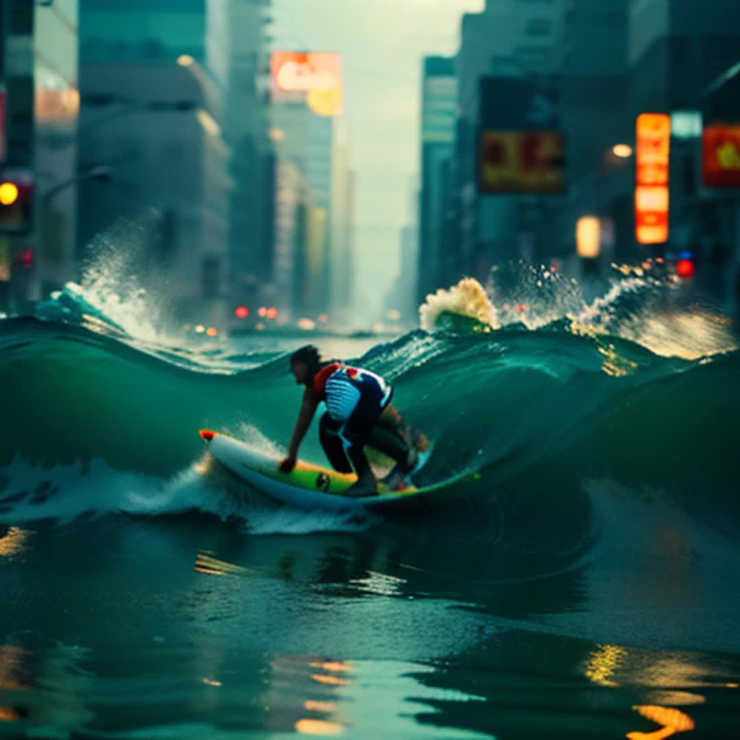Surfer riding surfboard, massive tsunami flooding Tokyo streets, towering waves crashing against skyscrapers, water splashing everywhere, neon signs illuminated, reflections on water, chaotic yet mesmerizing, highdefinition, highly detailed, soft shadows, dynamic action scene, camera panning, wideangle shot, cinematic, dramatic lighting, vibrant colors