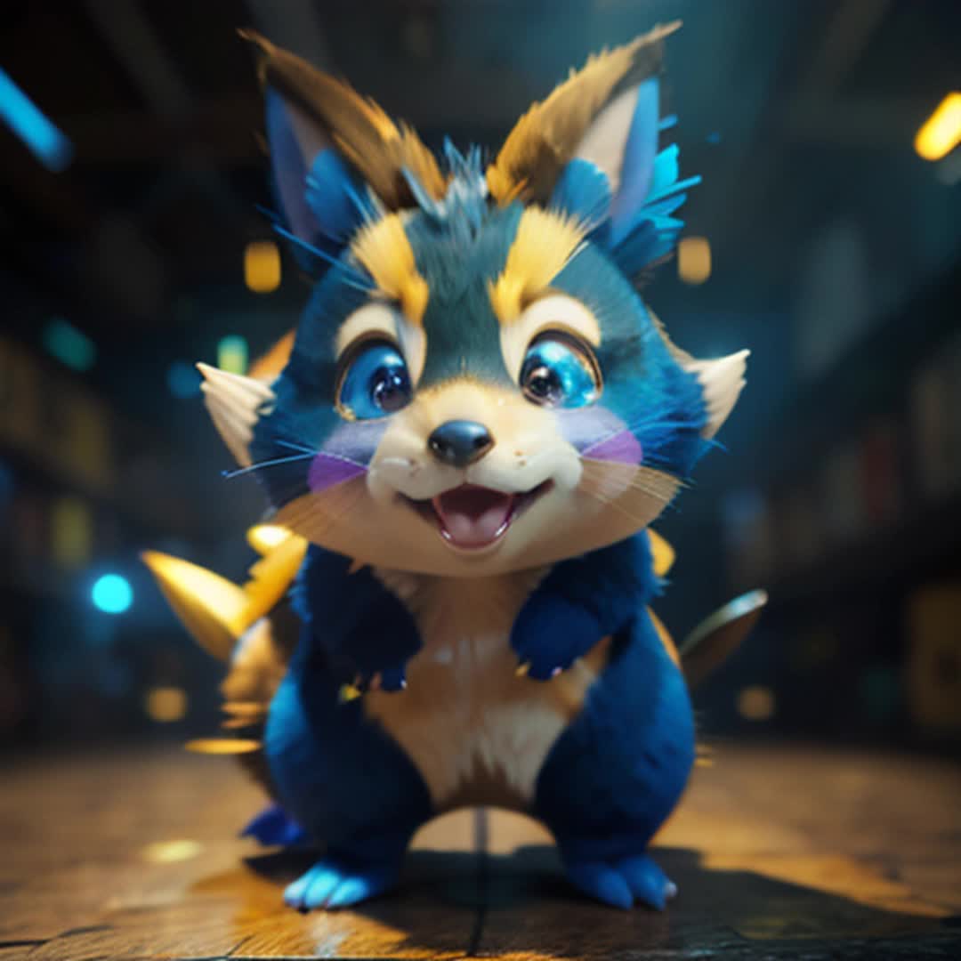 Pooku pokemon, vibrant colors, highly detailed, sharp focus, playful and energetic, sparkling eyes, intricate textures on fur, whimsical background, soft shadows, dynamic lighting, animated movements, joyful expressions, camera tracking action, rendered by octane