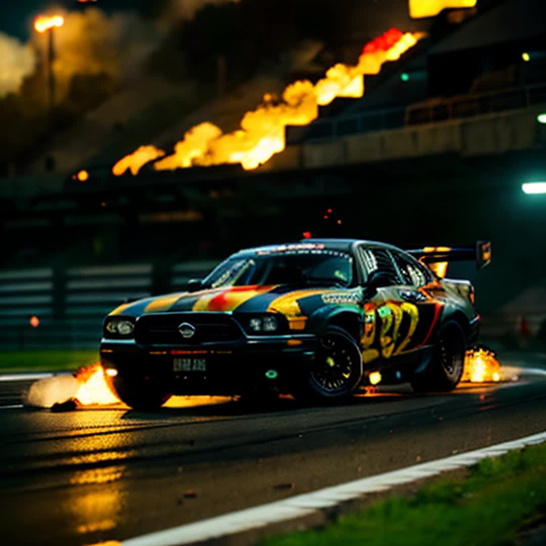 Race cars on track, speeding side by side, flames bursting from engines, tires screeching, smoke trails, dramatic lighting, motion blur, slow motion capture, highspeed chase, dynamic angles, detailed and sharp focus, sunset backdrop, rendered by octane