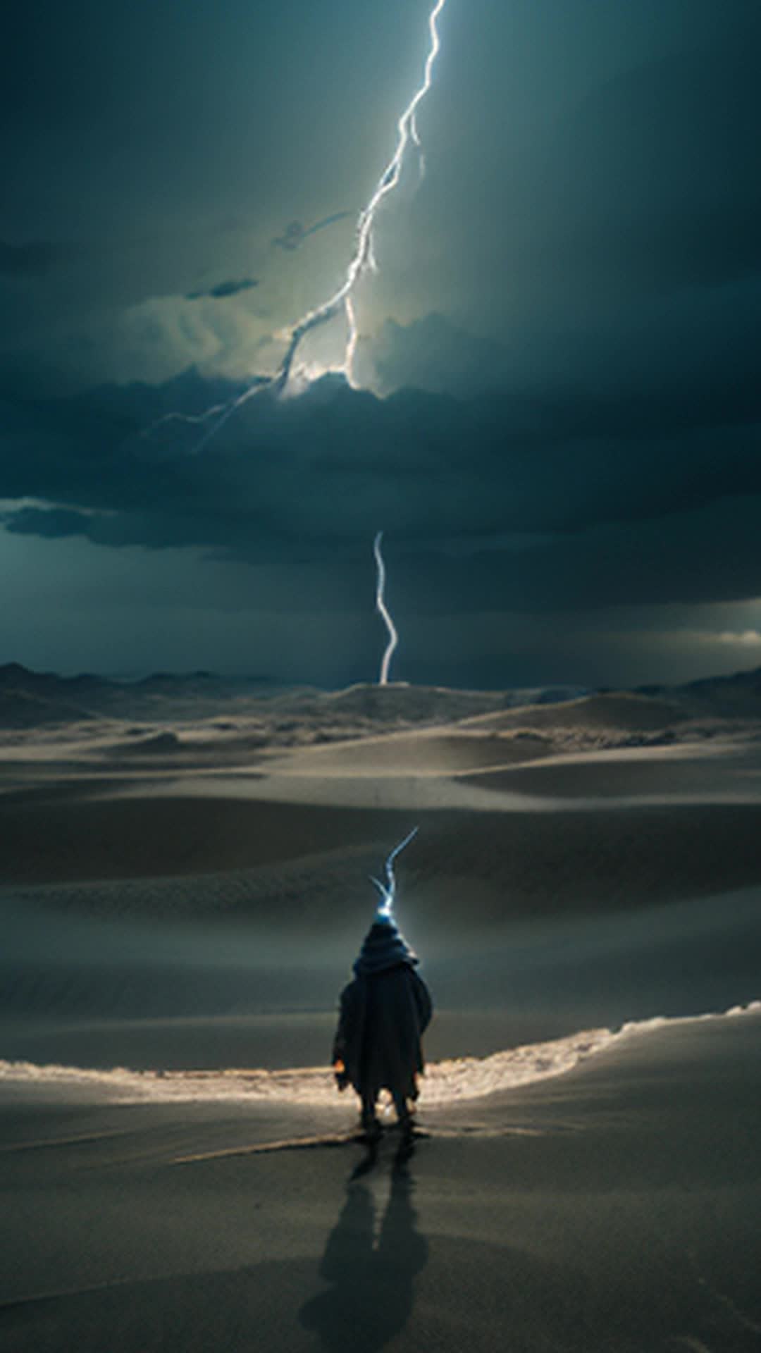Lone figure standing amidst vast desert, swirling sands, dramatic lightning storm, bolts illuminate dark sky, windswept dunes, intense atmosphere, stark and barren landscape, electrifying energy, natures fury, powerful and ominous, cinematic wideangle shot, detailed and sharp focus, soft shadows, dynamic and vibrant, rendered by octane