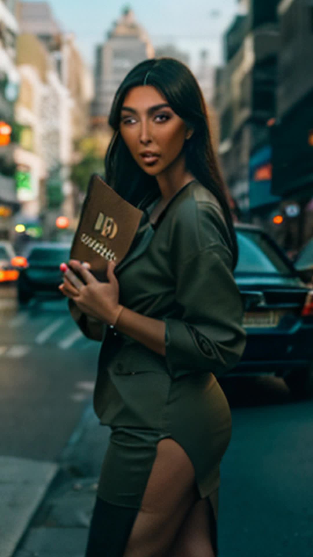Kim Kardashian holding large FOLLOW ROOSTA CONCEPTS sign, standing in middle of bustling city street, surrounded by cars and people, vibrant urban atmosphere, colorful billboards, city noise, dynamic shot, bustling traffic, pedestrians rushing by, bright lights, soft shadows, captured from wideangle lens, detailed and sharp focus, cinematic look, rendered by octane