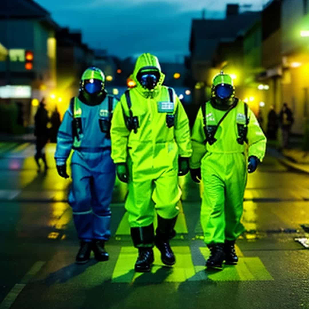 A hazmat man with 2 other hazmat men walking in to the yellow area