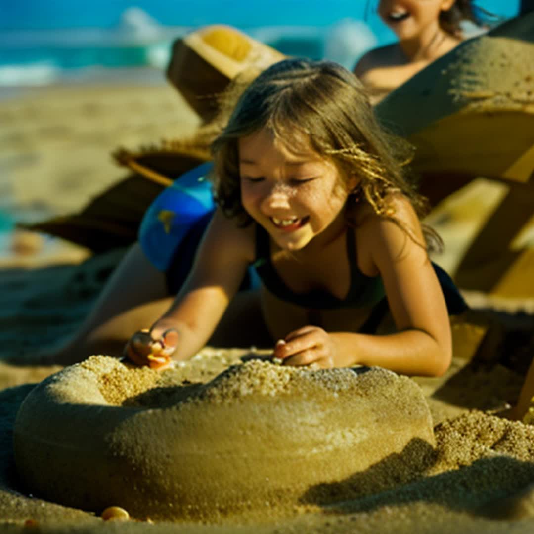 Children building intricate sandcastle, golden sandy beach, shimmering sunlight, clear blue sky, waves gently rolling, detailed and sharp focus, tiny seashells and driftwood decorating structure, laughter and joy in the air, soft shadows, lowangle shot, high resolution, vivid colors, ocean breeze ruffling hair, brightly colored beach toys scattered, palm trees swaying in background, golden hour lighting
