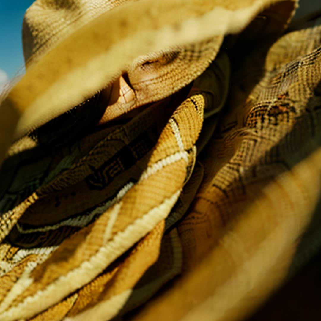 Widebrim straw hats, various sizes, and designs, detailed textures, handwoven patterns, soft shadows, bright summer day, gentle breeze, sunlit straw surfaces, vibrant natural colors, relaxed atmosphere, closeup shots, slow panning, soft lighting, warm tones, high definition, rendered by octane
