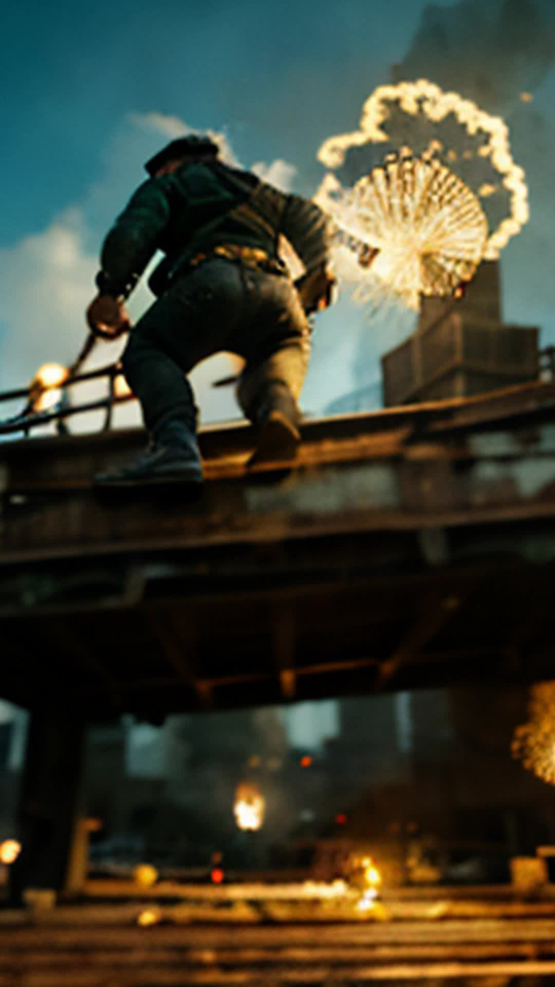 Nathan leaping onto rusted catwalk, hurling makeshift EMP grenade, sparks flying, drones disabling, small triumph, oppressive taxes, gritty industrial background, dynamic action shot, sharp focus, soft shadows
