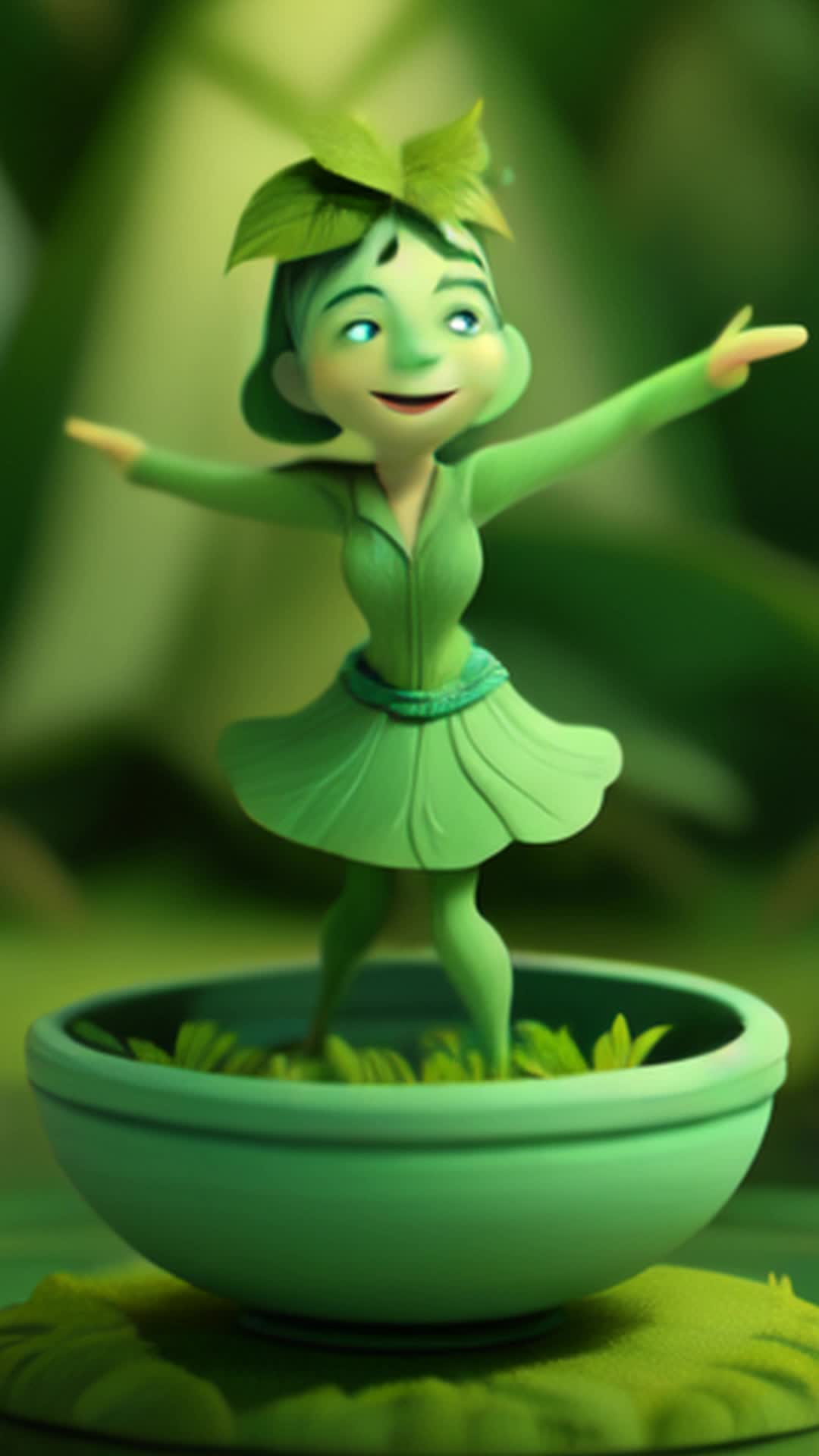 A whimsical miniature figure, crafted from a vibrant medley of green leaves, assumes a lively dancing pose atop a worn, earthy pot, surrounded by a lush forest scene awash in the soft, misty glow of rainkissed greens and blues, evoking a sense of mythical wonder and serenity, with delicate, intricate leaf veins resembling delicate brushstrokes, as tendrils of foliage swirl around the figure, blurring the lines between dancer and environment, against a backdrop of gentle, glistening raindrops
