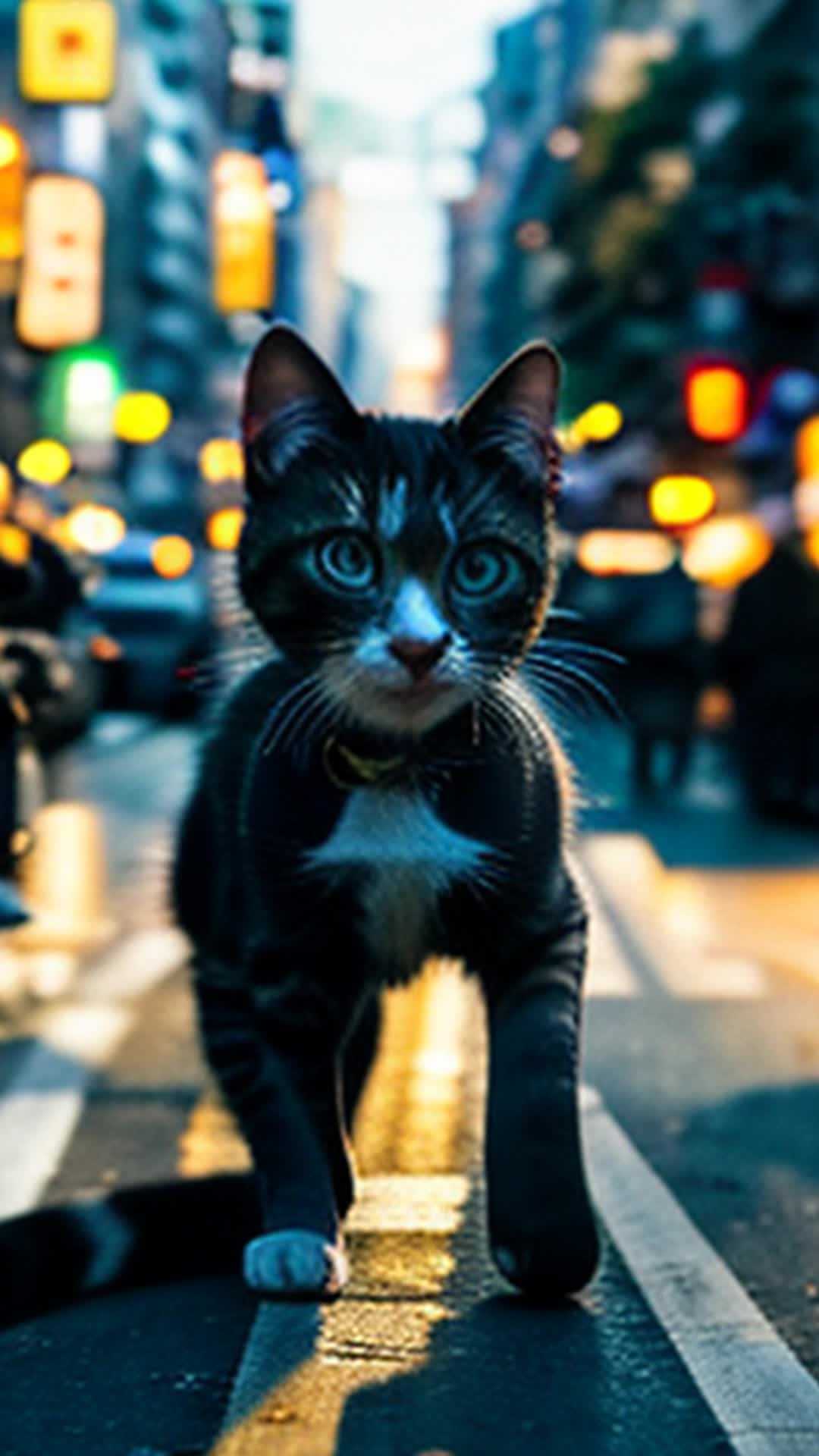 Mischievous kitten zipping through crowded Tokyo streets, dodging bustling pedestrians, zooming bicycles, vibrant cityscape backdrop, high-resolution, dynamic movement, vivid colors, soft shadows