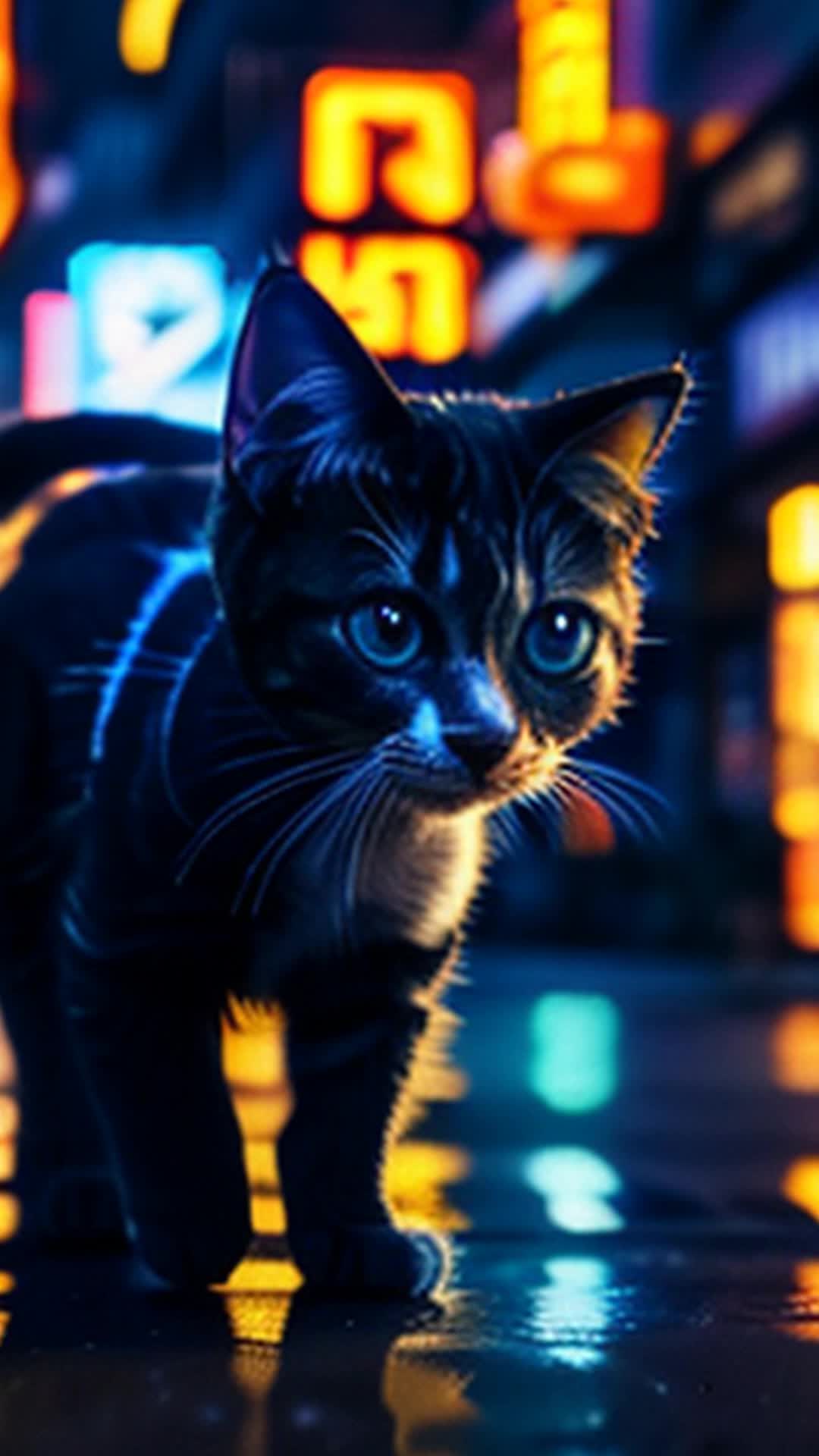 Kitten scampering up neon-lit sign, following wise old alley cat, vibrant neon lights, cityscape at night, intricate details, sharp focus, soft shadows, wide-angle shot