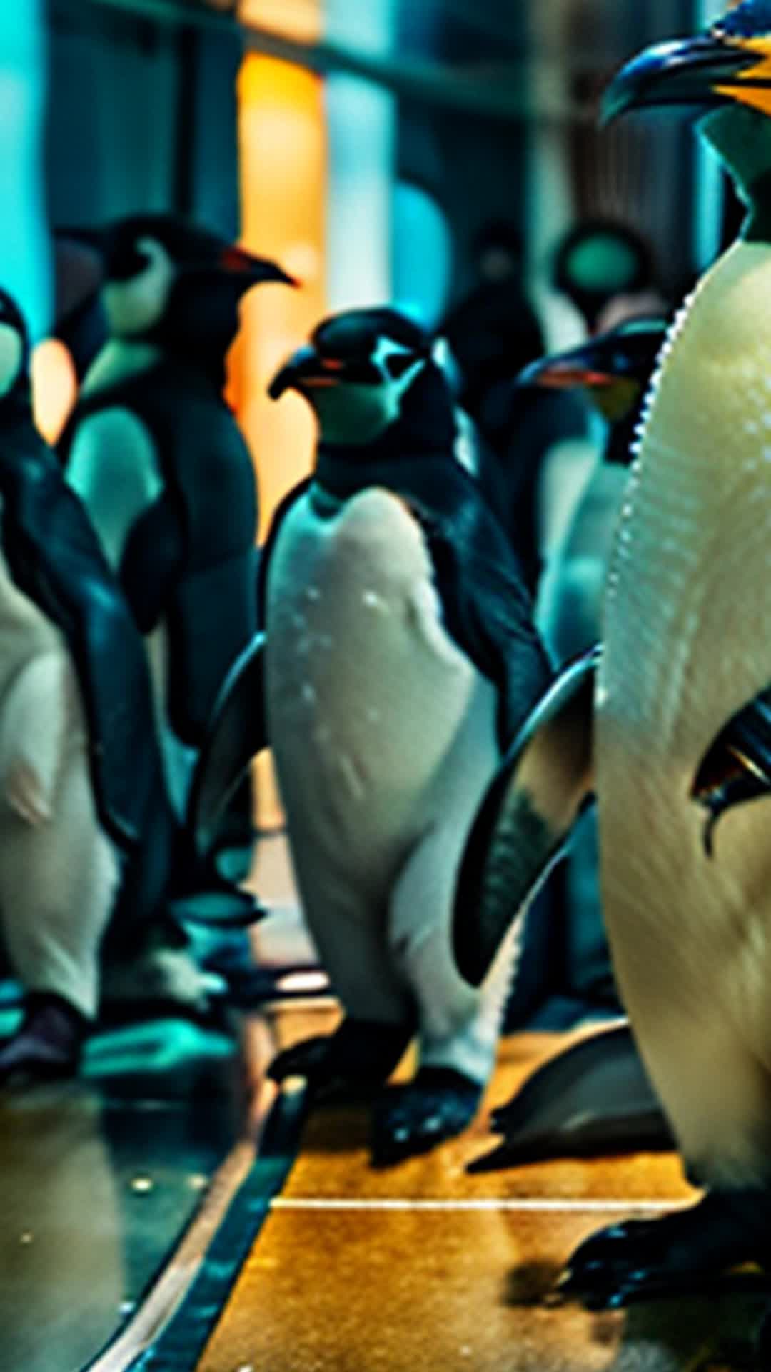 Penguins darting between bewildered tourists on cruise ship, flippers slipping on polished decks, chaotic yet humorous, interior ship details, soft indoor lighting, high resolution
