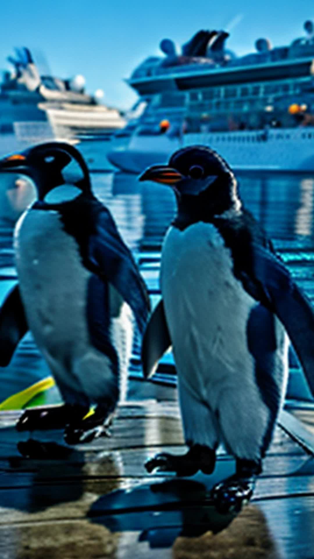 Penguins waddling stealthily onto dock, Antarctica, massive cruise ship shimmering under bright sun, clear sky, sharp focus, high resolution