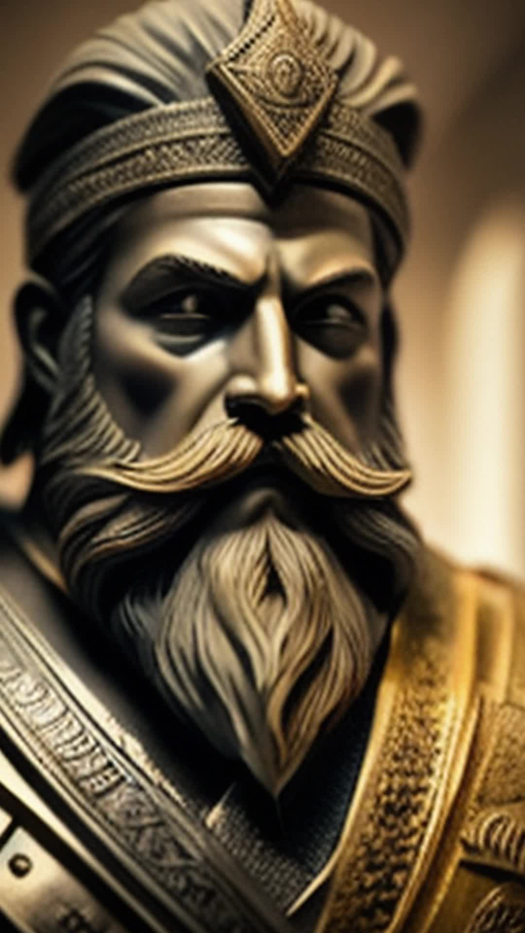 Historical grooming beliefs, strength imparted by right beard oil, connection to modern Beardly beard oil, ceremonial traditions, empowerment through grooming, Sculpted statue of ancient warrior with full beard, dramatic uplighting, intricate details on armor and facial features, timeless and stoic expression, wide-angle view, powerful visual narrative, sharp focus, soft shadows