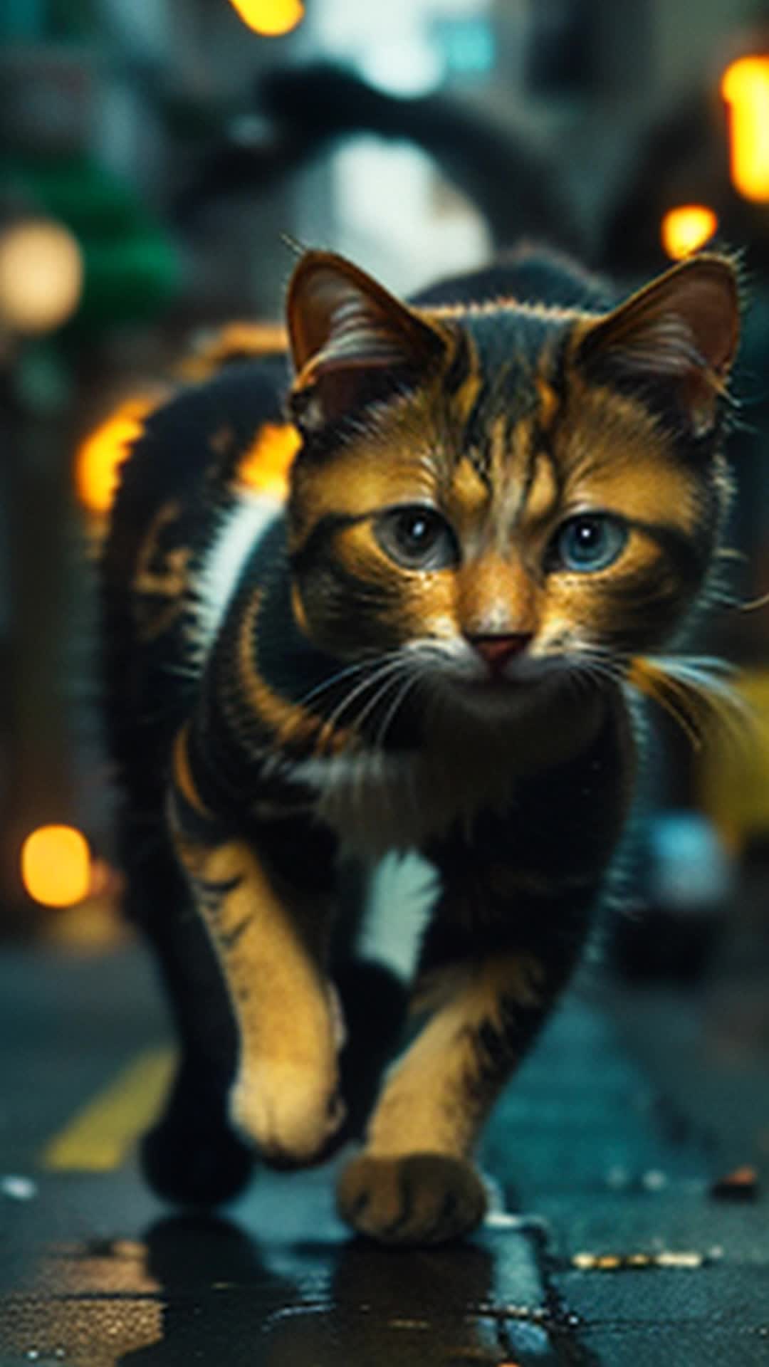 Kitten, alley cat darting into tight alleys, hopping over obstacles, city environment, high-energy action, sharp twists and turns, vivid detailing, soft shadows, dynamic camera movement