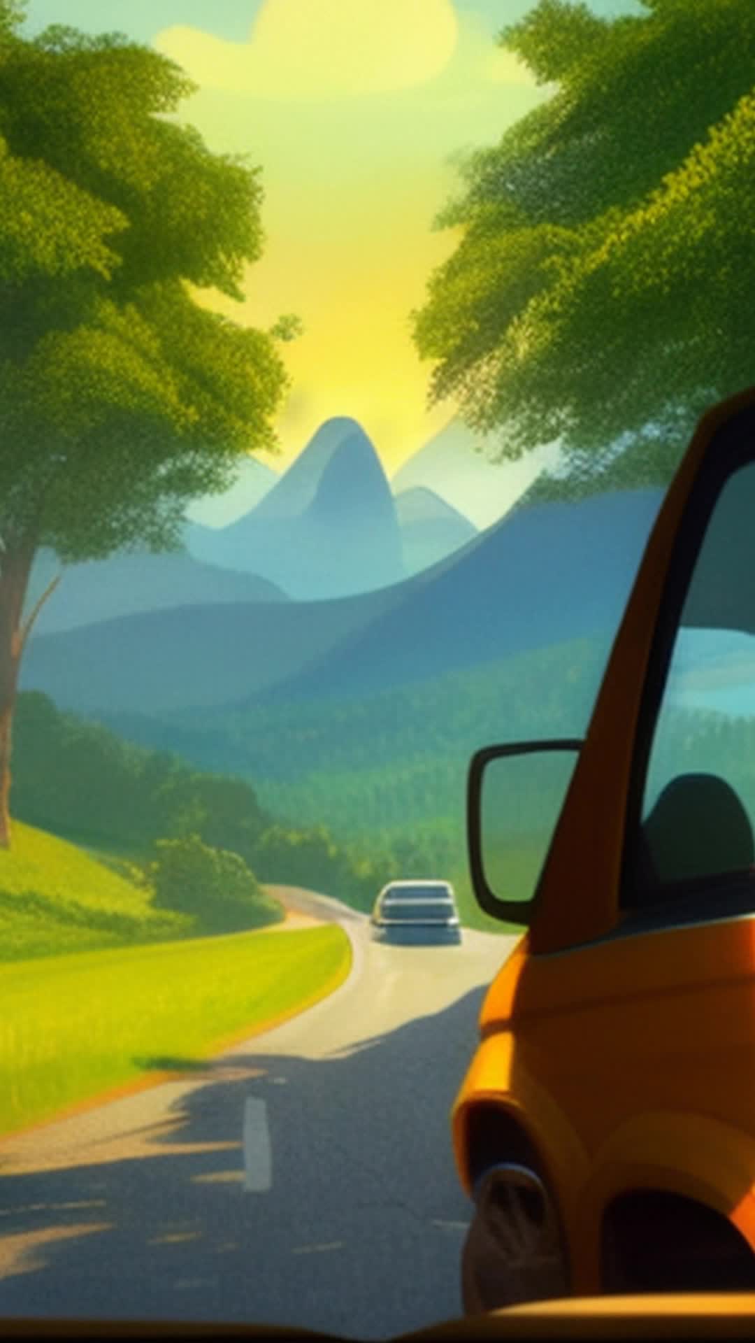 Twisting road, Mike and daughter in car, integrating surrounding sceneries into conversation, discussions of fantasy world, lush green forests passing by, distant mountains, warm evening light seeping through windows, creative expressions, detailed, side view