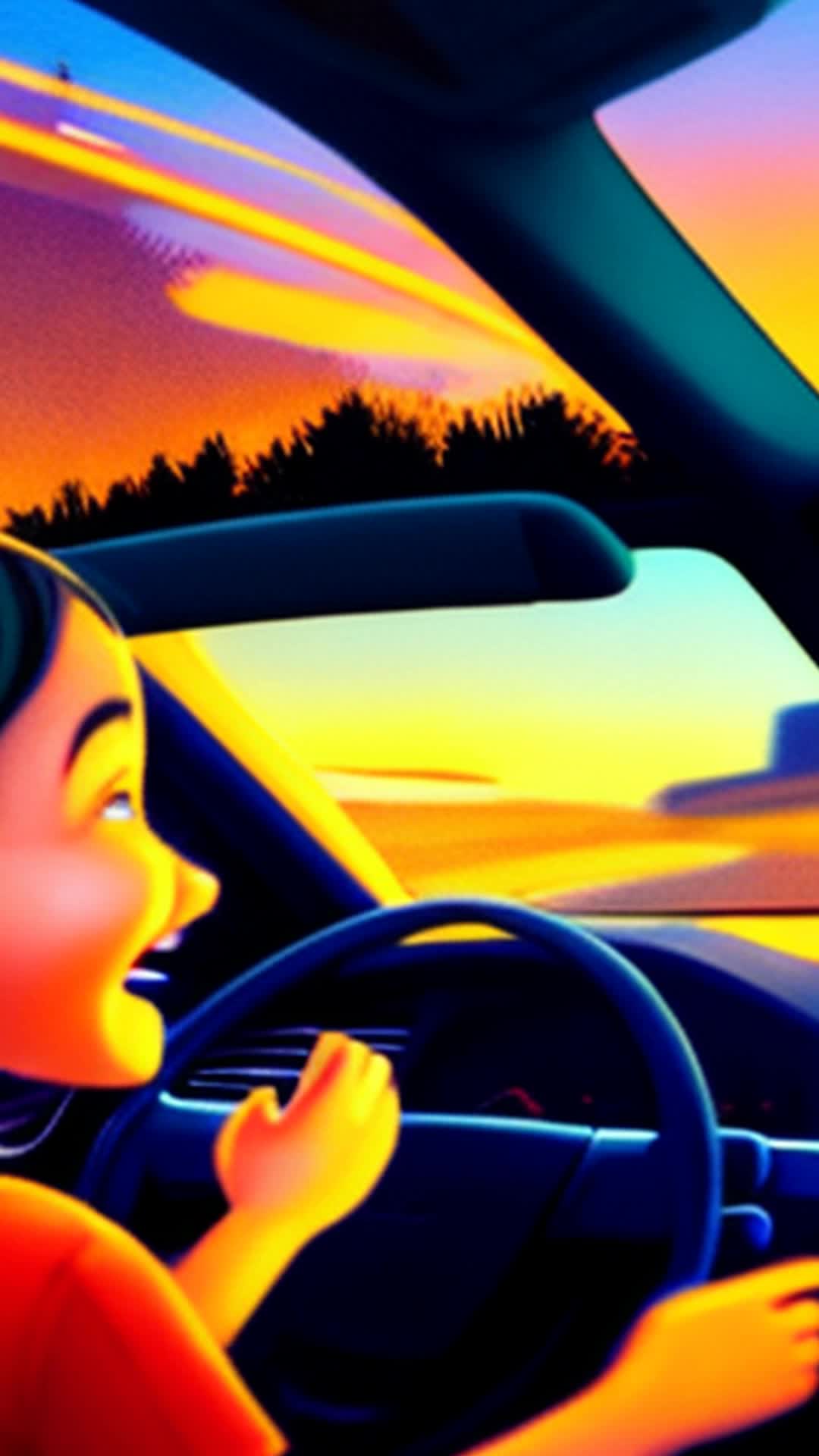 Sunset dipping below horizon, Mike, daughter in car, eyes sparkled with excitement, animatedly sharing favorite book, vibrant colors of sky, soft shadows inside car, detailed expressions, close-up, dashboard glow illuminating faces