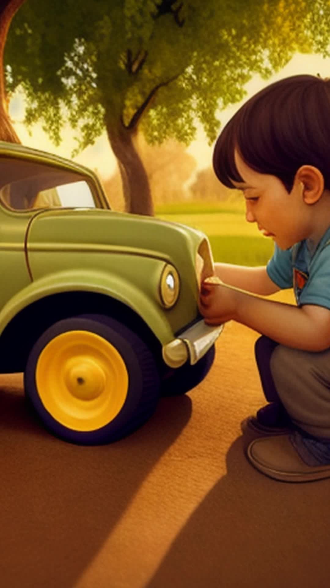 Ana, boy digging under old oak, intricate details on small and aged toy car, moment of discovery, close-up on hands and toy, gleeful expressions, warm, golden-hour lighting