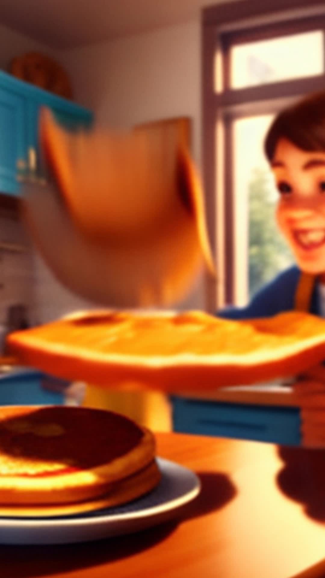 Sarah flipping pancake, high into air, catch skillfully, kitchen background, her son explaining chemical reactions, enthusiastic, morning light streaming through window, detailed pancake texture, soft shadows, close-up shot of both faces, rendered by octane