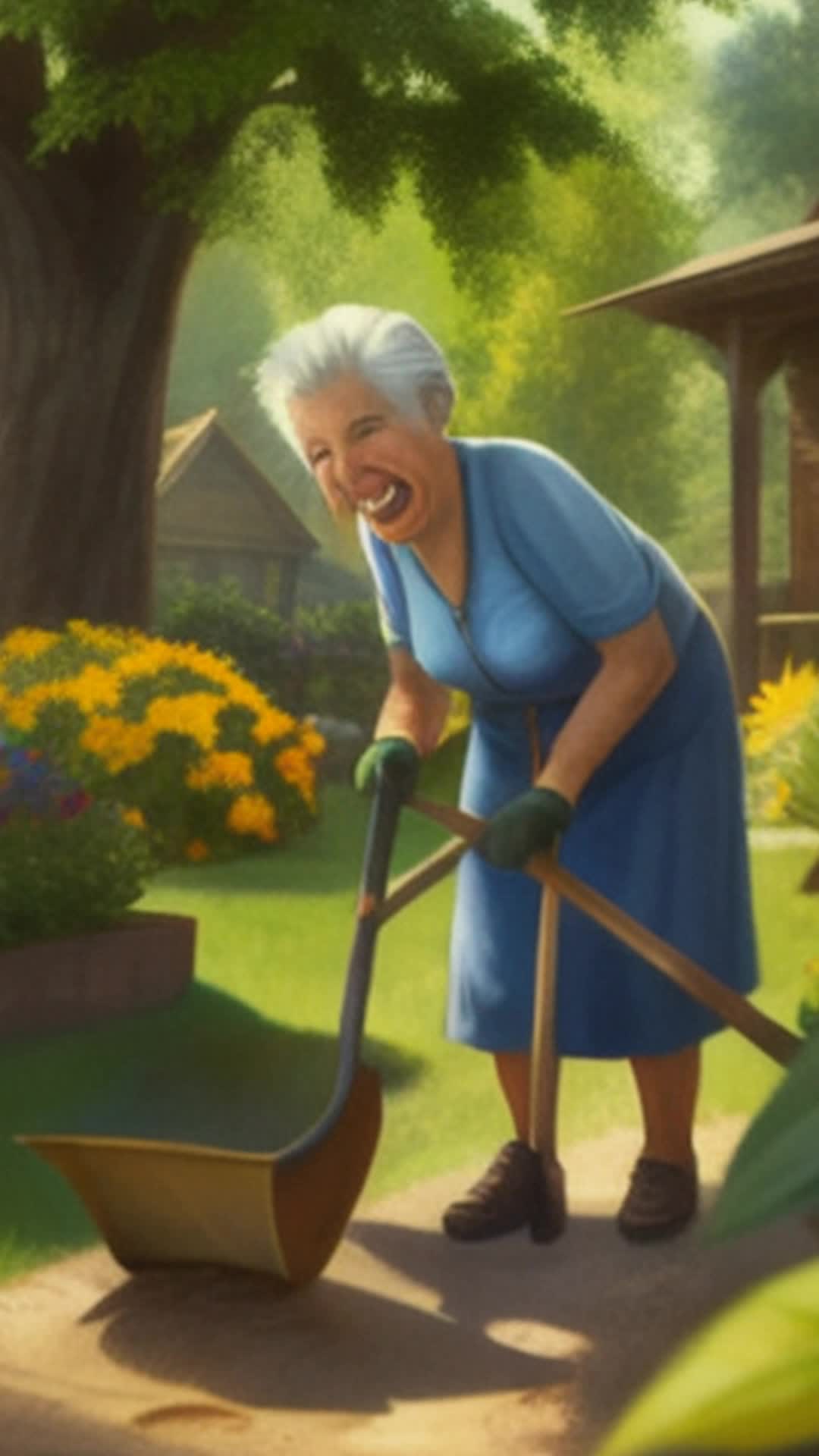 Elderly woman, Ana, shoveling dirt, laughing heartily, small boy describing pirate adventure, lush garden setting, detailed and sharp focus, soft afternoon light, shadows cast by surrounding flora