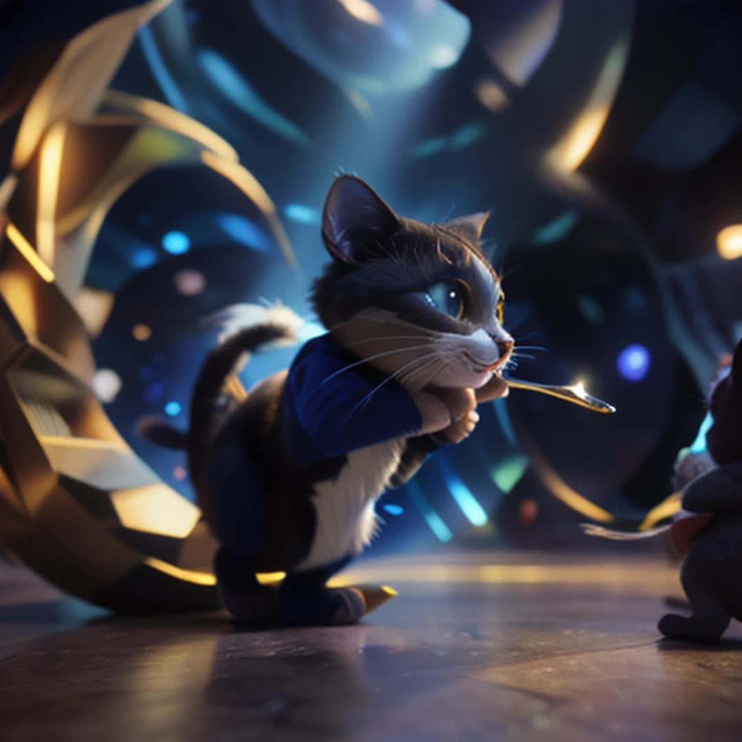 A whimsical 3D render of Disneys iconic characters, Tom the cat and Jerry the mouse, embarking on a fantastical adventure through portals Tom, with his comically large eyes and trumpet tail, leaps through a shimmering, stardustfilled portal, while Jerry clings to his fur The background showcases various starry worlds, each with its unique cosmic beauty The scene is a delightful blend of magic, technology, and the timeless bond between these beloved characters, 3d render