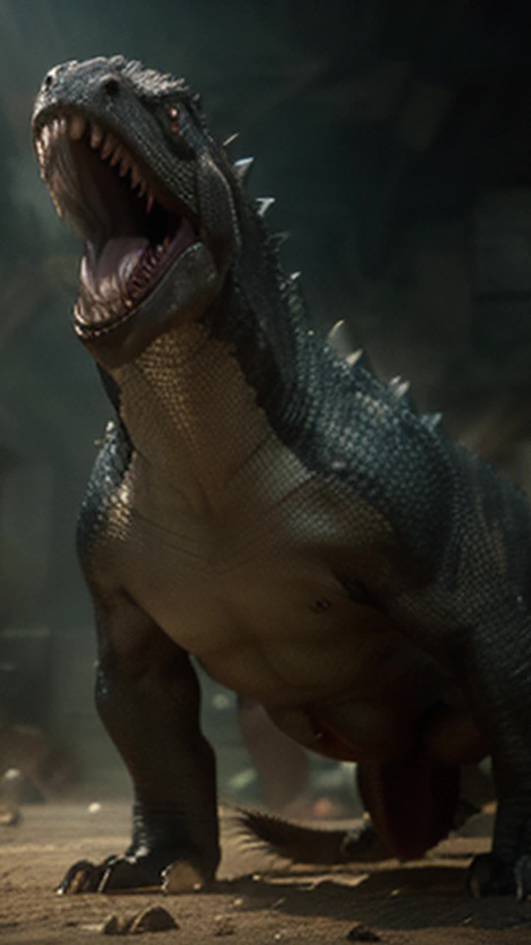 Indominus rex, Indoraptor, intense battle scene, sharp claws slashing, roaring with aggression, detailed scales and skin texture, dynamic movements, dust and debris flying, dramatic lighting with shadows, highdefinition, cinematic angles, closeups of the fierce faces, wide shots of the powerful clashes, adrenalinepumping atmosphere, rendered by Octane, realistic animations, by Artgerm