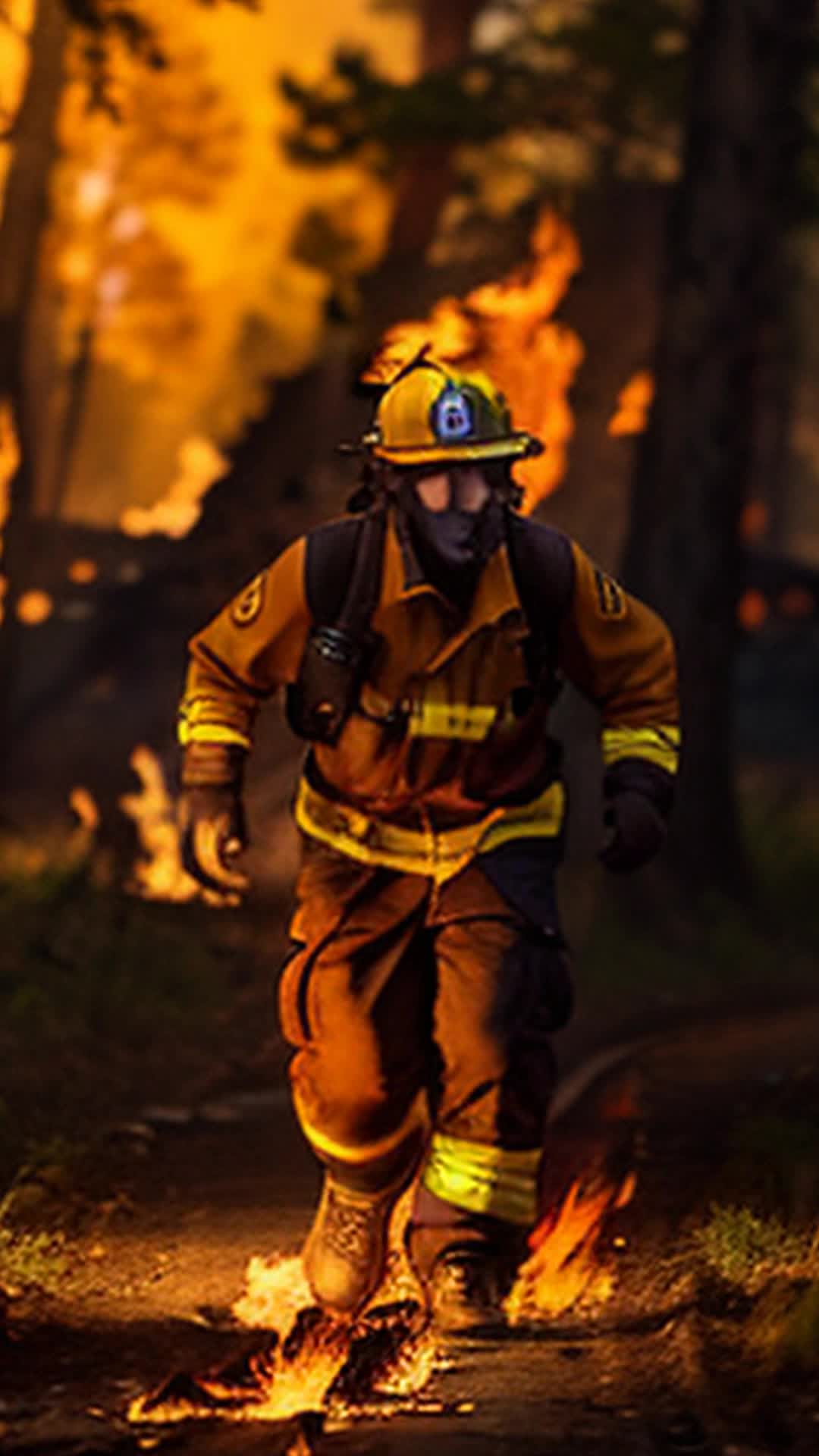 Teenage volunteer firefighter sprinting, crackling underbrush, rare fire-resistant plant clutched, flames dancing close, vivid orange and red hues, urgent motion, intense wildfire background, high-stakes atmosphere