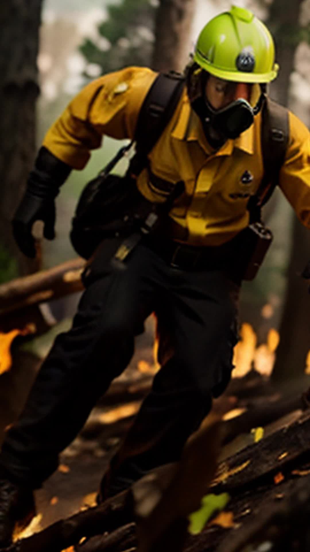 Leaping over fallen, smoldering logs, teenage volunteer firefighter, protective gear shielding rare plant, dynamic action, fiery surroundings, intense heat effects, close-up on determined expression