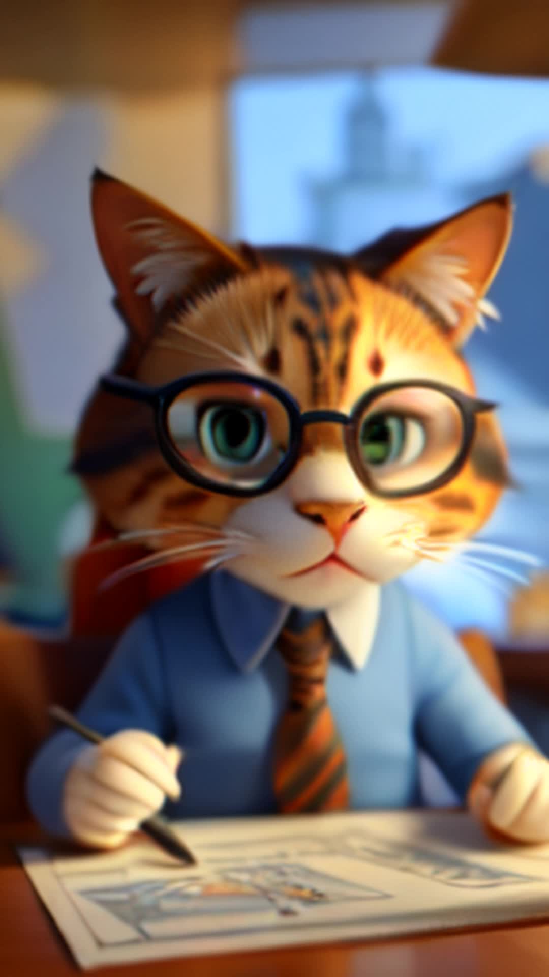 Sleek tabby cat adjusting tiny glasses, scrutinizing architectural blueprints, meticulous detail examination, downtown office setting, soft shadows, intricate paper details, highly detailed and sharp focus, cinematic lighting, tail expressing concentration