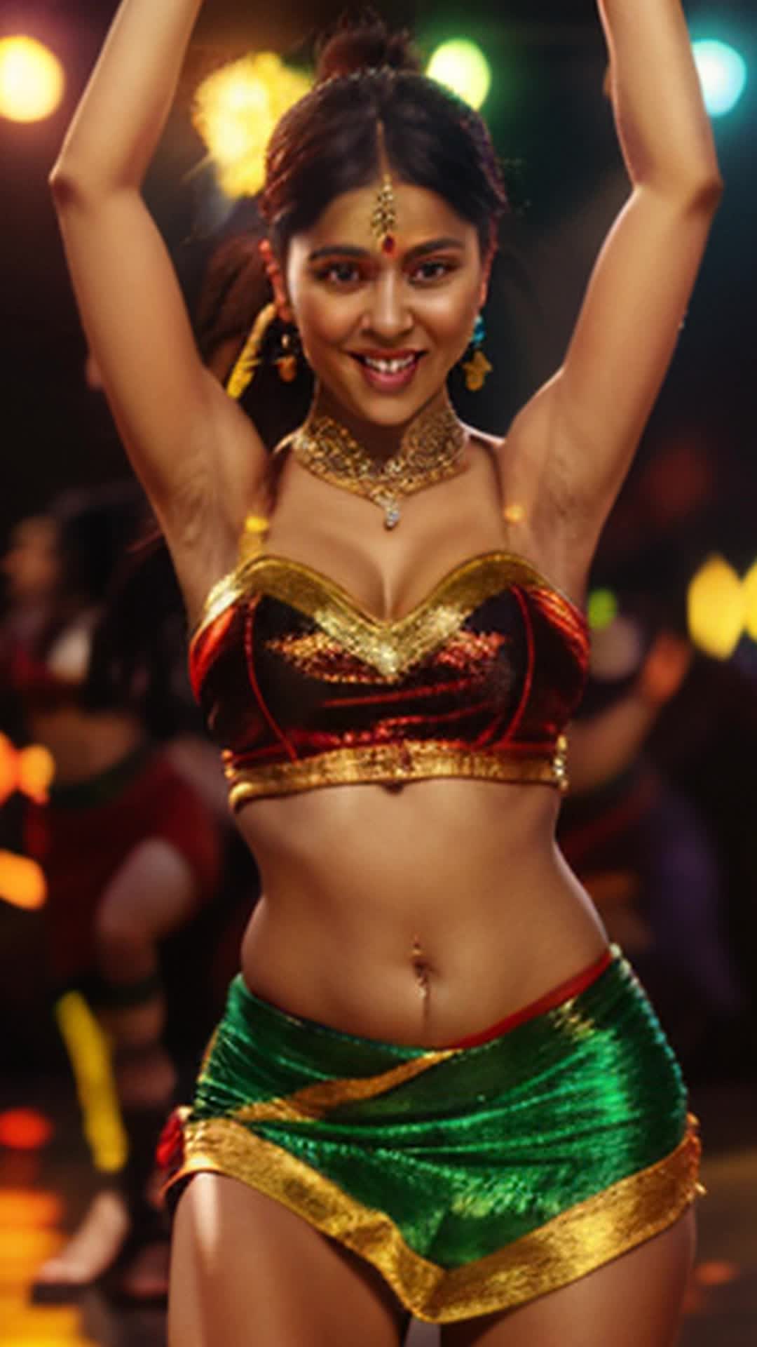 Vibrant Bollywood dance scene, colorful costumes, energetic dance moves, lively traditional music, elegant choreography, dynamic camera angles, flashing lights, colorful stage backdrop, festive atmosphere, closeups of expressive faces, dynamic tracking shots, seamless transitions, synchrony in dance steps, joyful expressions, detailed and sharp focus, rendered by octane, warm lighting, by art germ