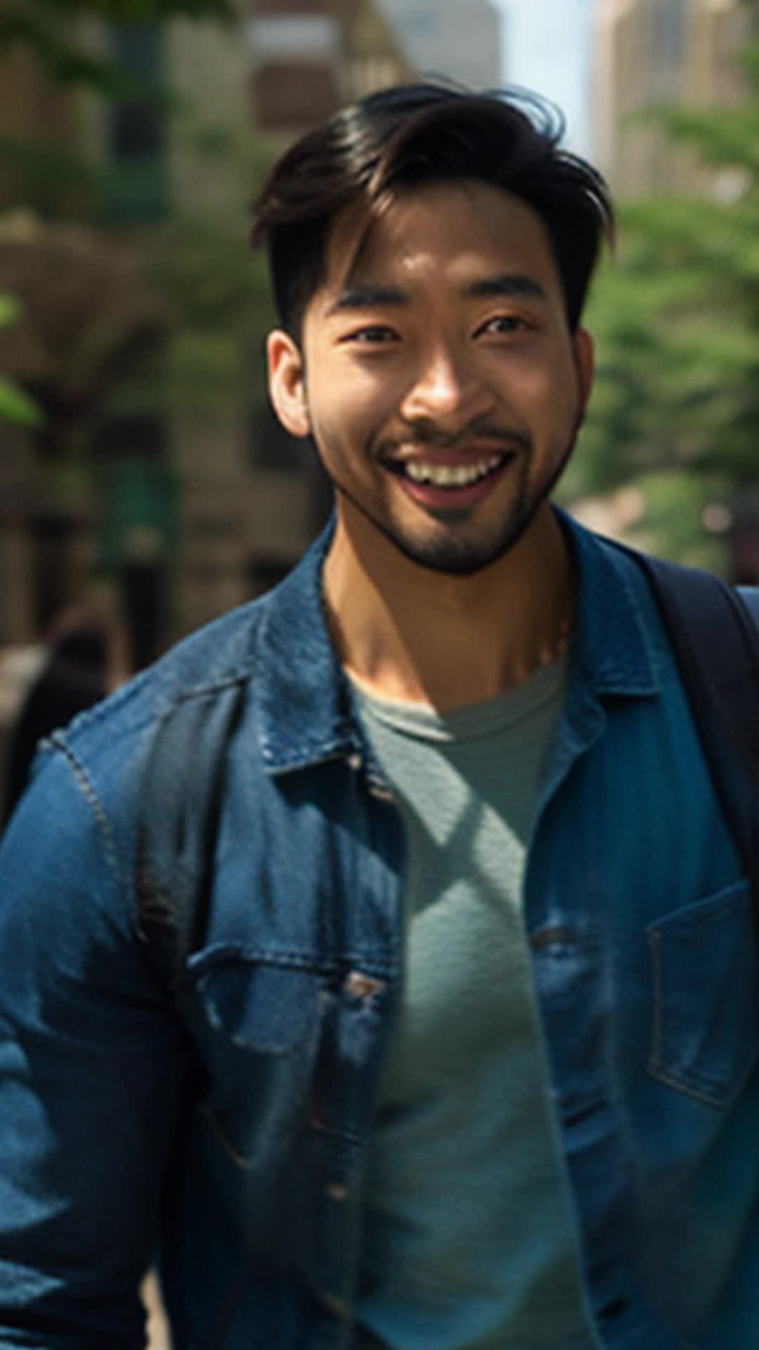 Young Asian man stepping out, bustling Chicago street, confident stride, broad smile, fresh beard, afternoon sun reflection, bystanders glancing, urban setting