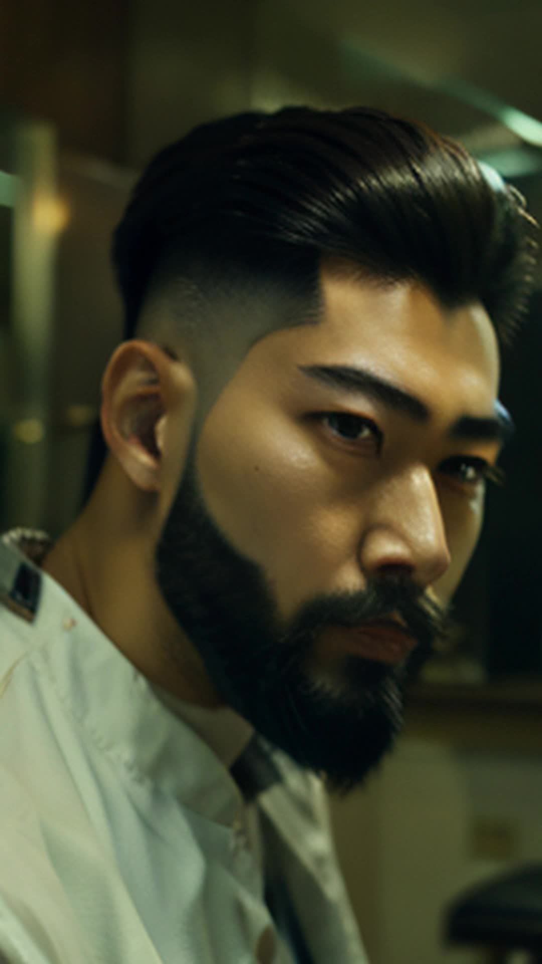 Young Asian man, barber shop chair, beard sculpting, focused barber, precise razor movements, reflective mirror, anticipation in eyes, bustling atmosphere