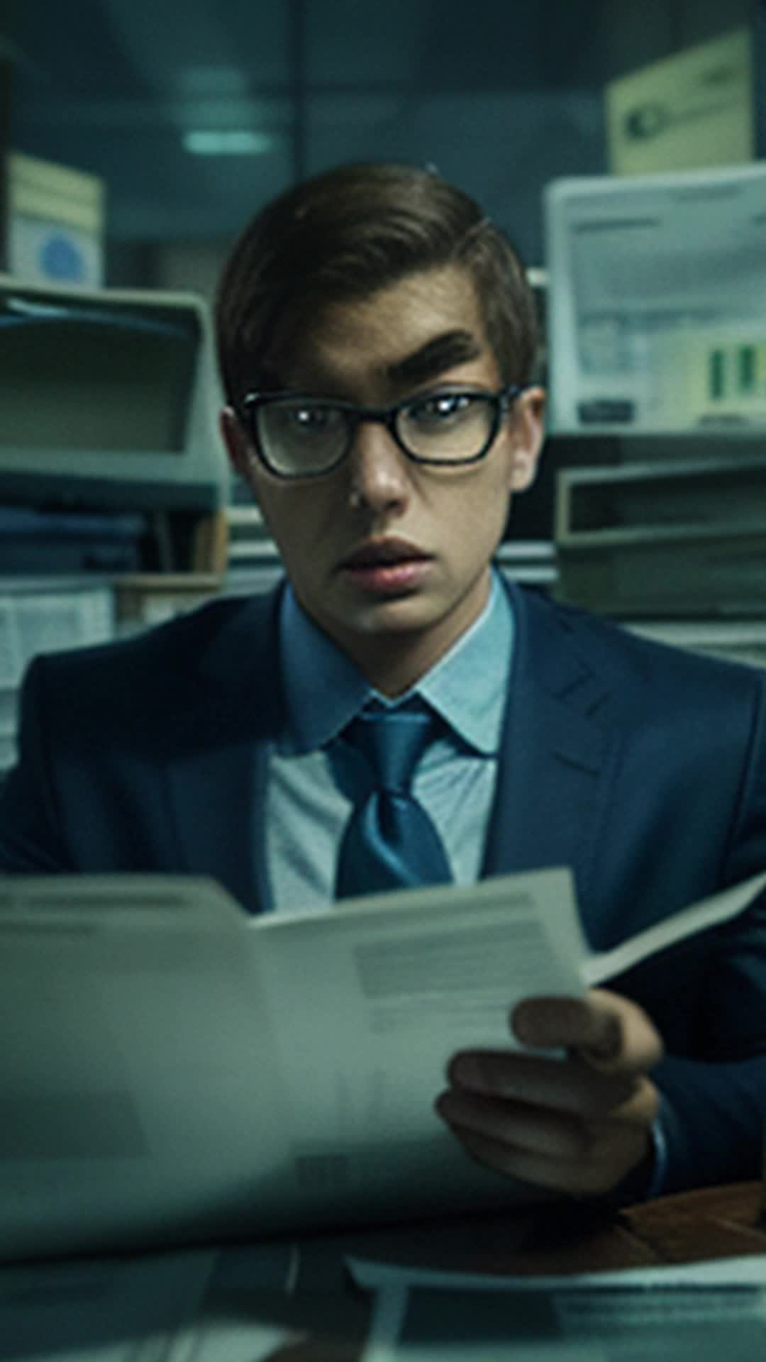 Young financial analyst, cramped office, gloomy light, poring over Federal Reserve records, fingers trembling, massive undisclosed bailout, eerie tension