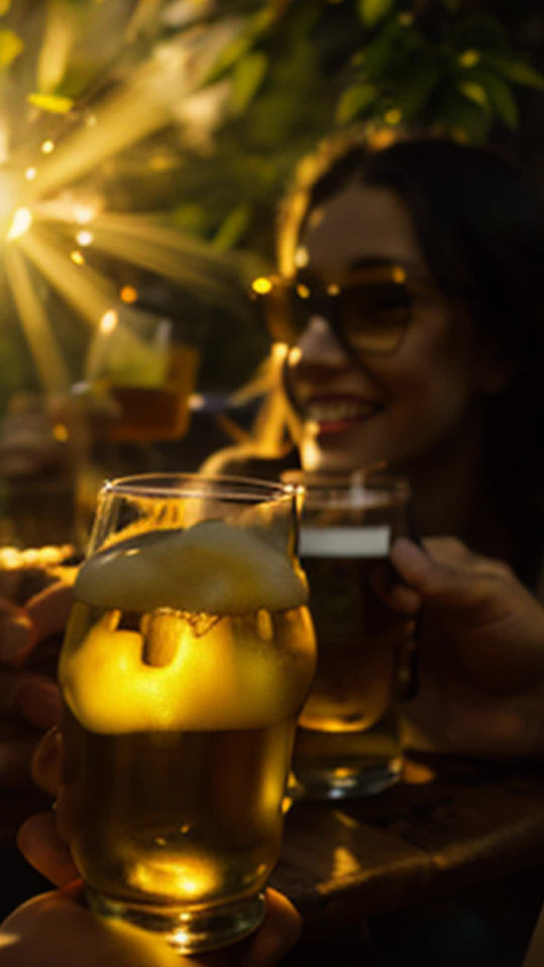Sunset-lit river, golden glow, friends clutching craft beers, hidden alcove, clinking glasses, celebratory mood, backdrop of lush greenery, soft shadows, detailed and sharp focus