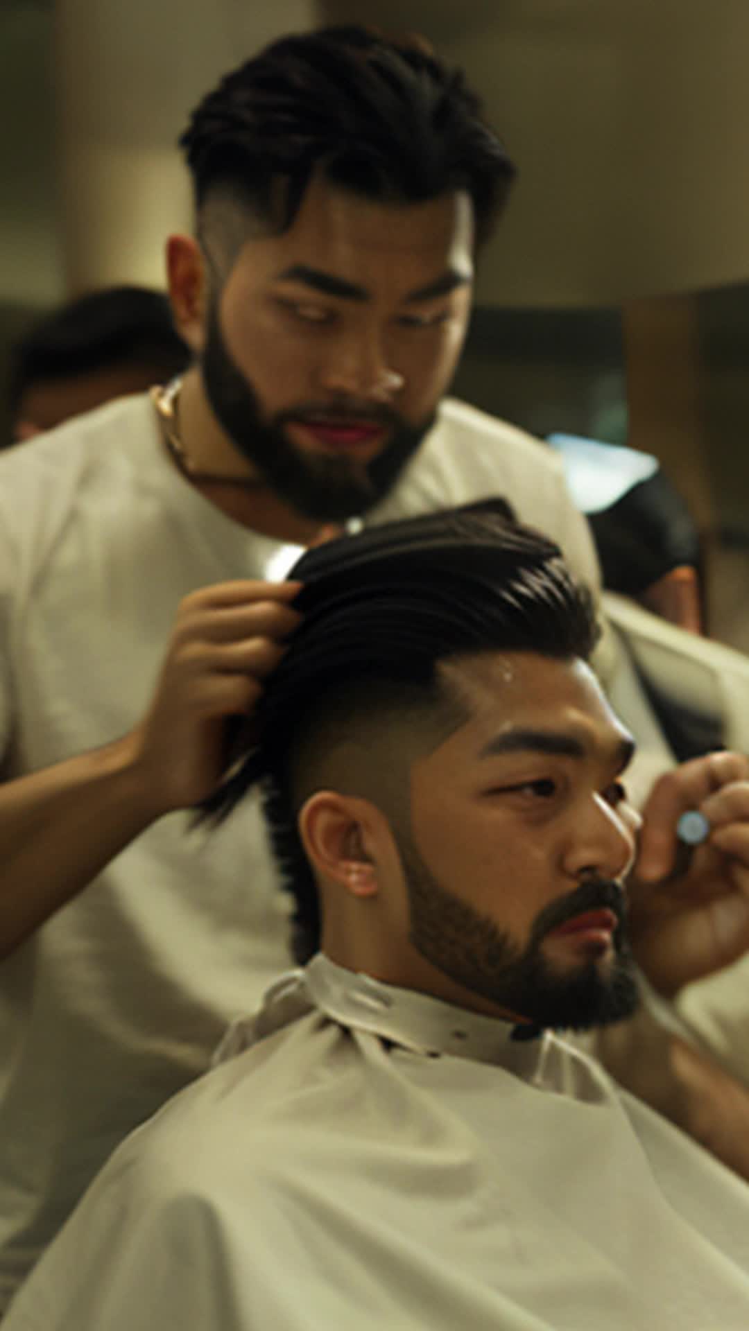 Bustling Chicago barbershop, young Asian man, excited, barber swiftly sculpting beard, precise movements, razor humming, reflection mirror, gleaming eyes