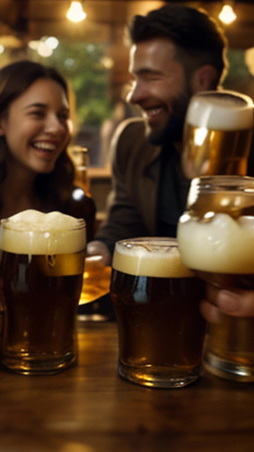Friends excitedly clinking beer glasses, discovery celebration, perfect scenic backdrops, stories and laughter, lush alcove ambiance, wide-angle shot, soft, natural lighting