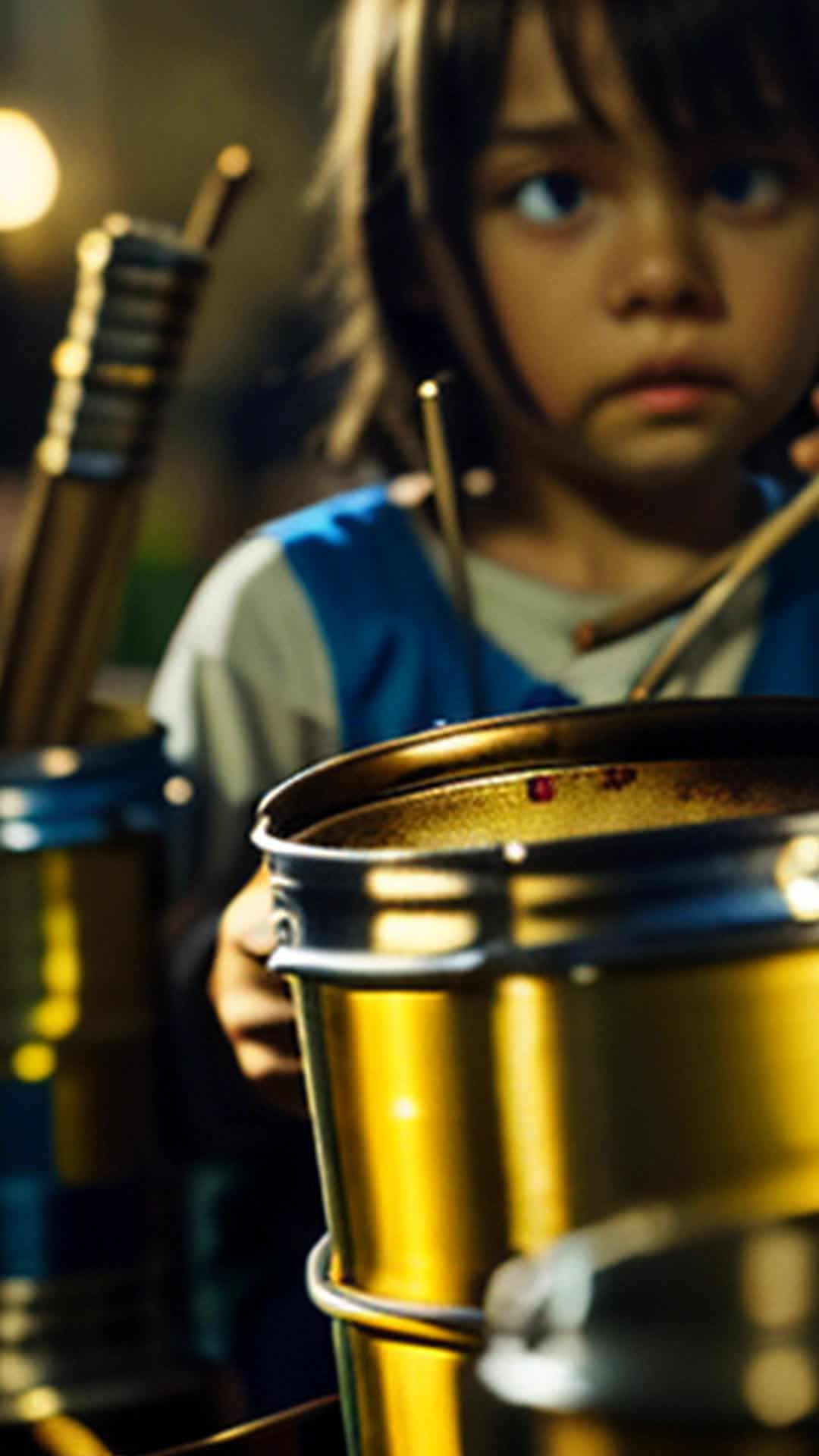 Makeshift drums and tin can flutes being tested by eager children, adjusting constructs, background filled with colorful materials, close-up, sharp focus, ambient lighting