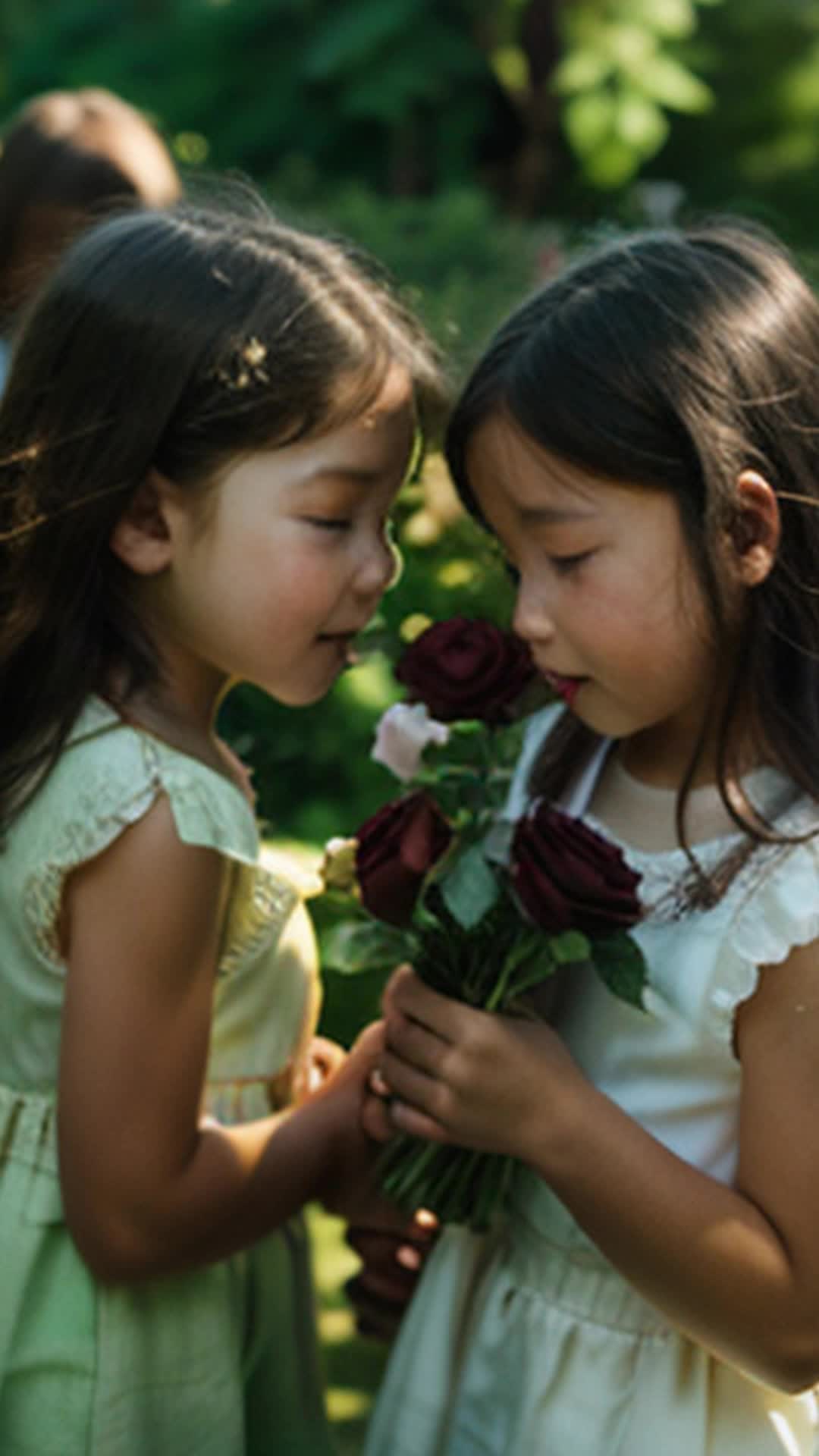 Children eagerly sniffing air in garden, capturing scents of mint, roses, little baskets filled with vibrant nature's bouquet, excited expressions, soft shadows, high resolution