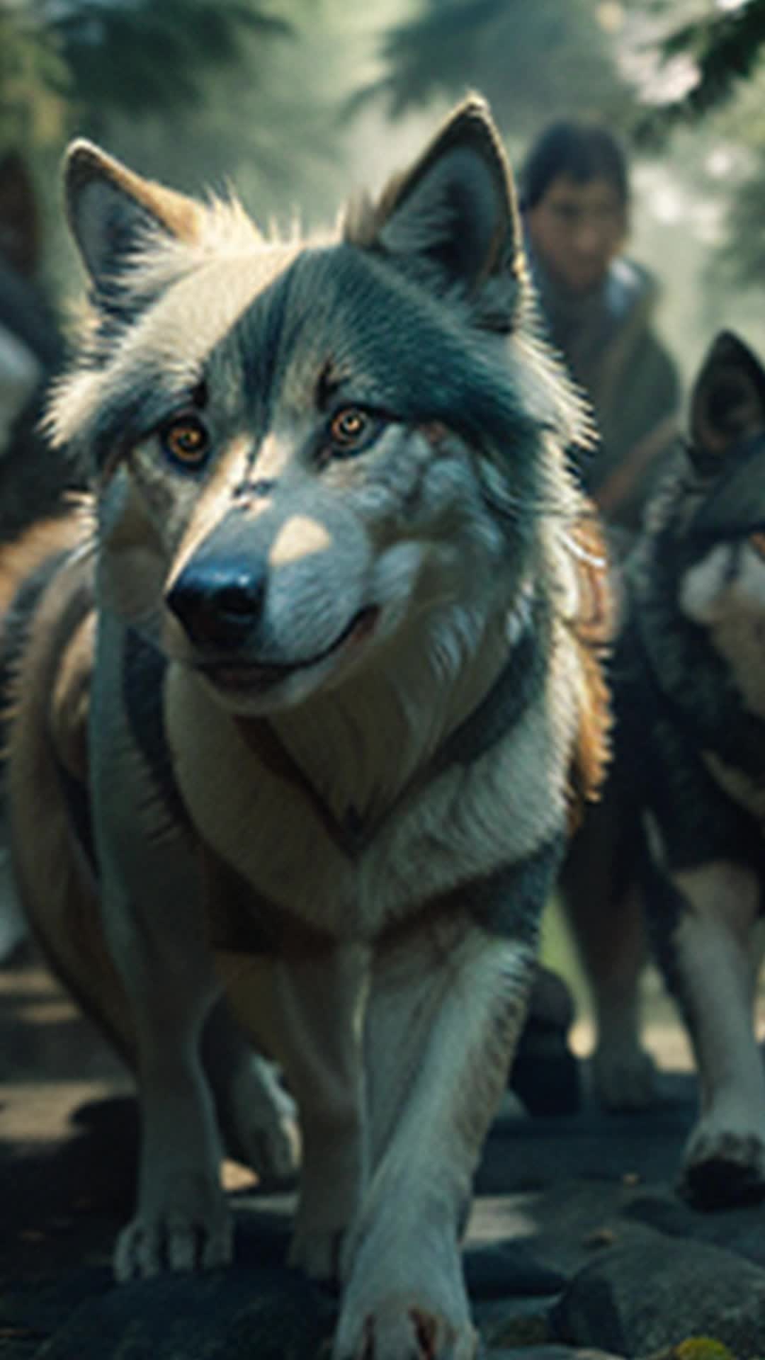 Legendary Okami wolf leading group of weary travelers through dense forest, travelers' faces showing relief, ethereal creature guiding, detailed, sharp focus