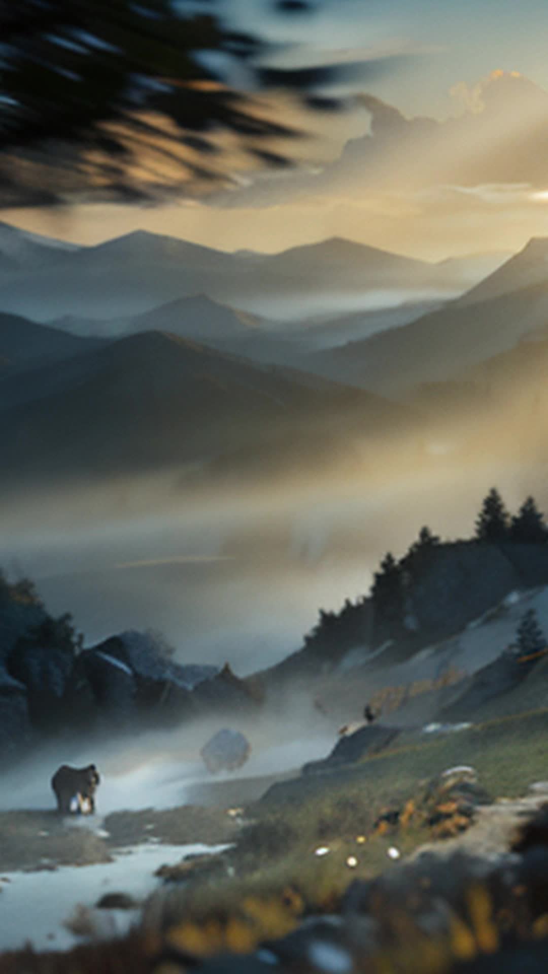 Misty hills looming in background, legendary Okami wolf, fur dazzlingly white, grey dawn lighting, darting through dense forest, swift, sure strides