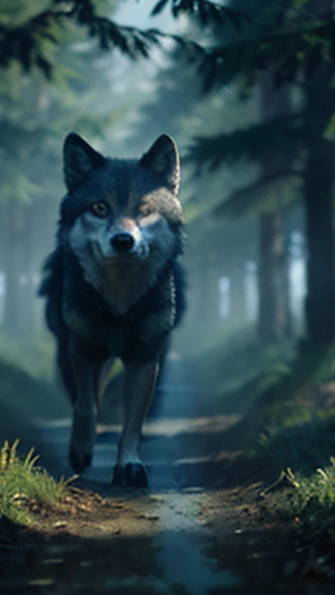 Edge of dense forest, Okami wolf giving soft, enigmatic glance backward, vanishing into morning mist, leaving trail of whispered legends, saved wanderers watching