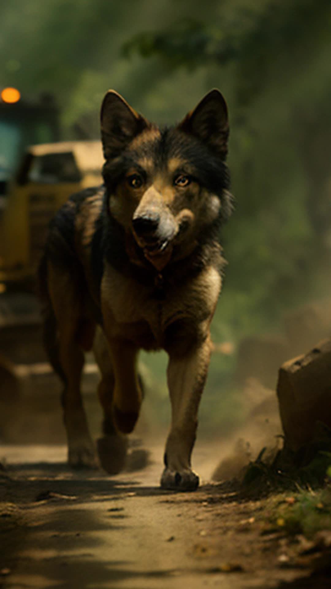 Brazen wolf leaping in front of bulldozers, rallying cry echoing through jungle canopy, sense of urgency, soft shadows, detailed and sharp focus