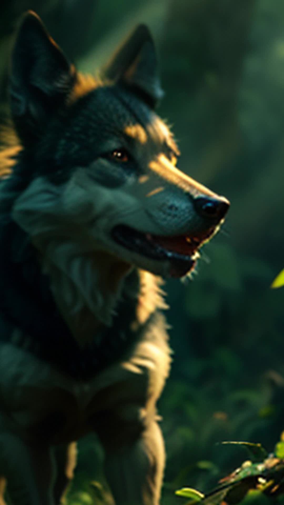 Mystical wolf howling, jungle creatures gathering, bulldozers threatening lush forest, urgent atmosphere, soft shadows, highly detailed and sharp focus