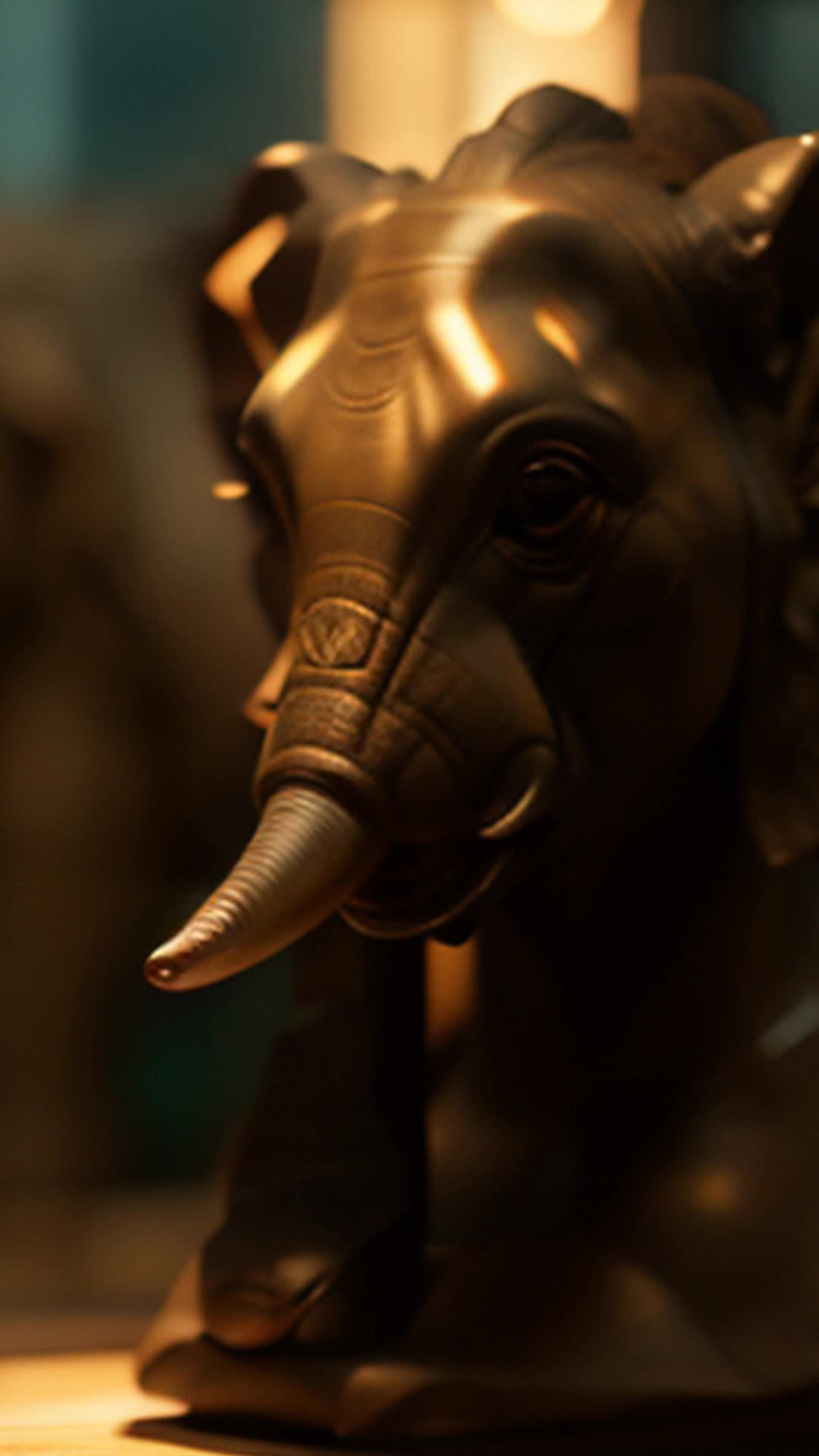 Finished clay elephant, reflection of Jamal's dedication, soft glow of accomplishment in studio, serene yet proud expression on face, sculpting tools scattered around, warmly lit environment, close-up on proud craftsmanship