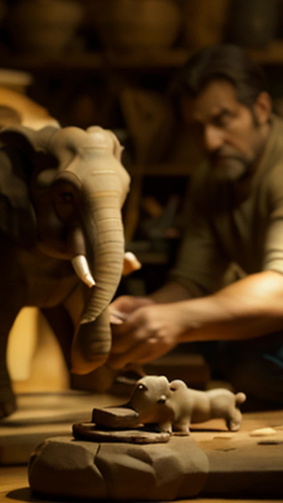 Clay elephant taking shape, Jamal’s hands meticulous, scene of creation, warmth of studio lighting, soft shadows enveloping workspace, hands in motion, vitality of artistic process, detailed backdrop of sculpting tools