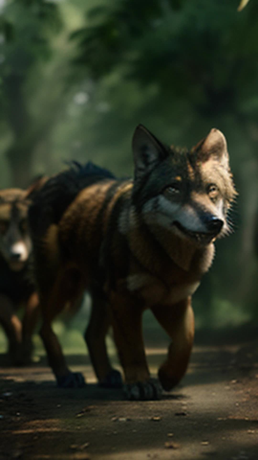 Wise wolf leading jungle animals, daring counterattack, natural abilities in use, developers stalled, verdant paradise protected, action-packed, soft shadows, highly detailed and sharp focus
