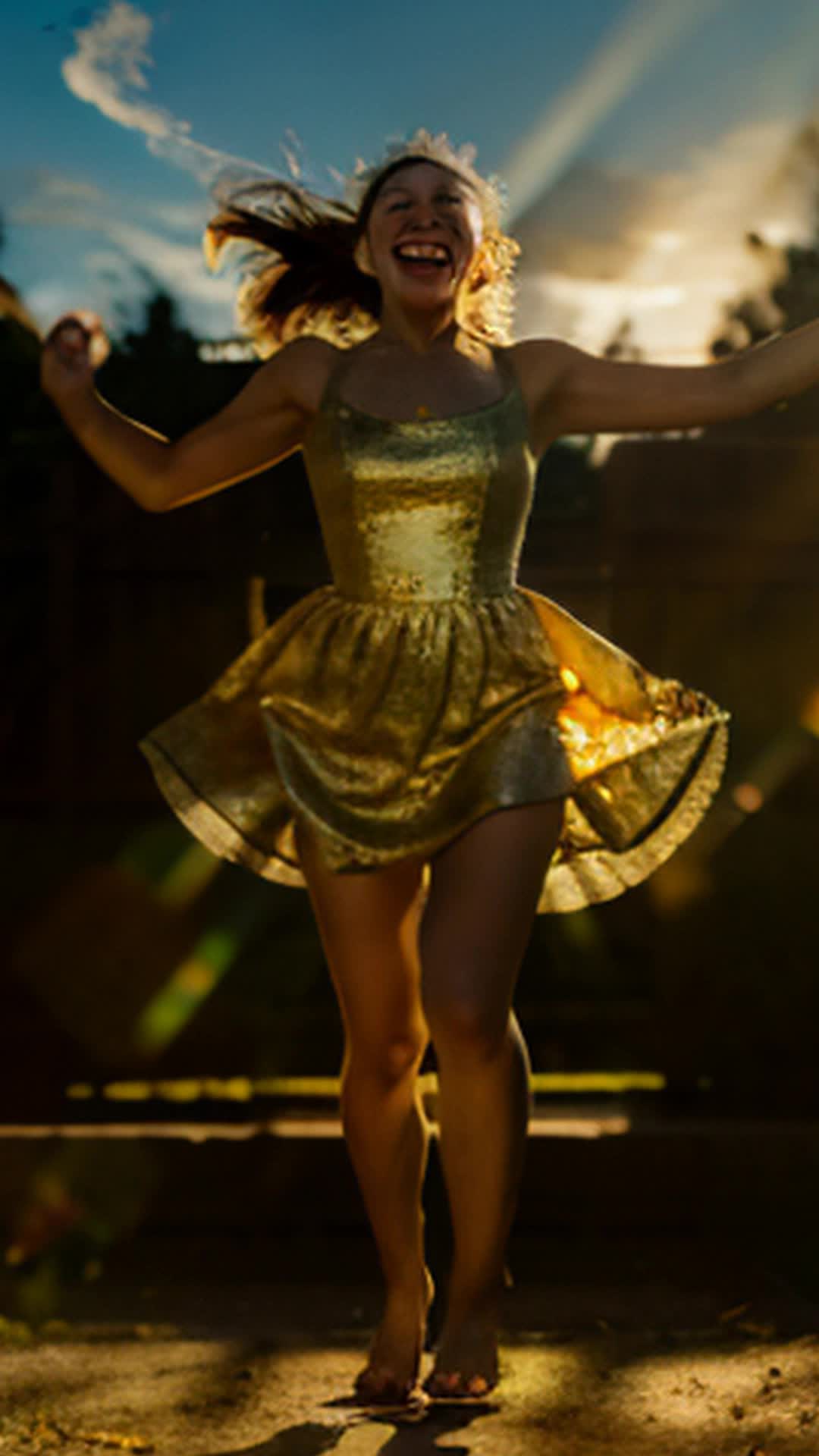 Shadow, darkness fading in story, Emily leap to her feet, triumphant grin, backyard transforms, magical victory aura, enchanted atmosphere, celebratory mood, crisp, clear sky, golden hour lighting