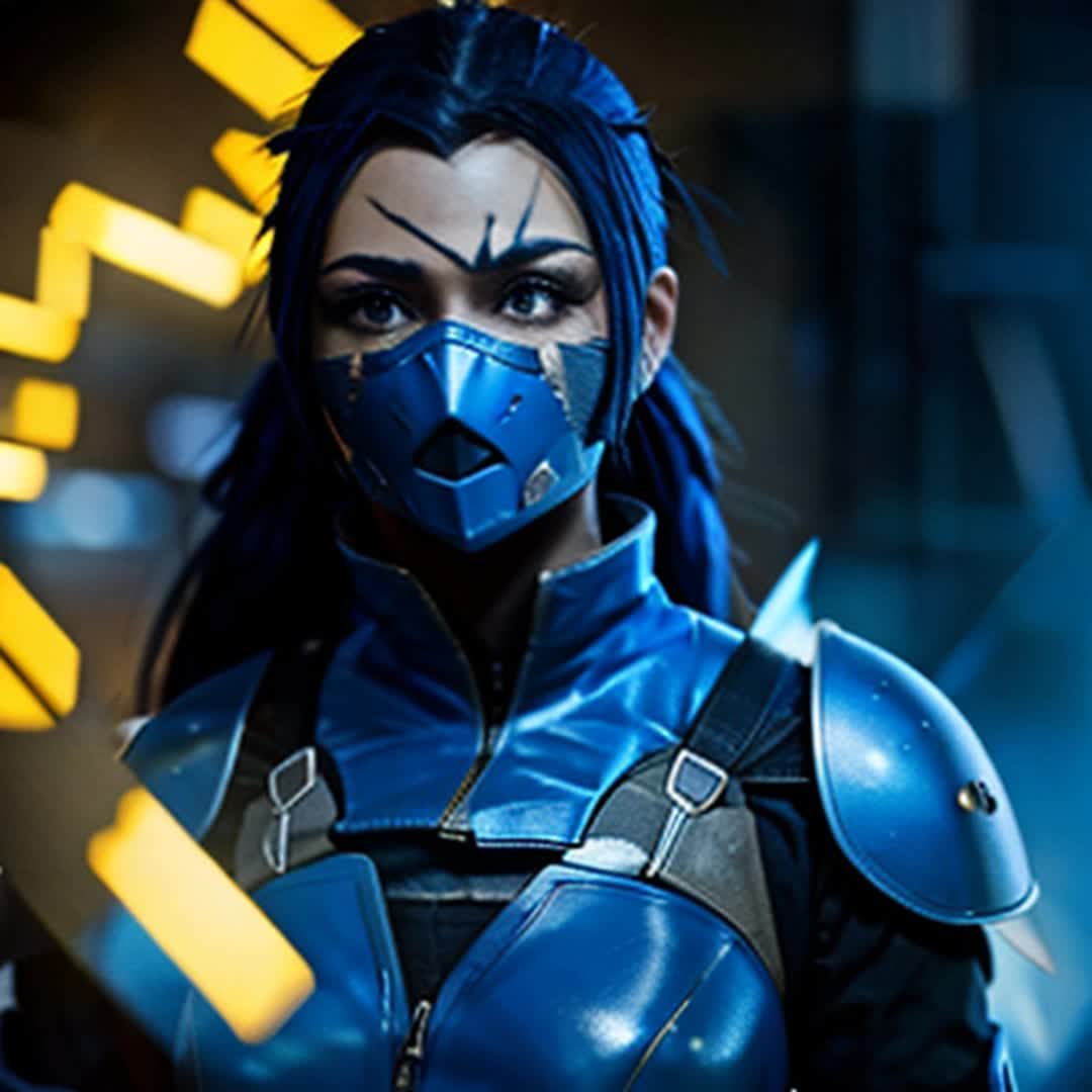 A female dressed in a blue and black scale battle suit