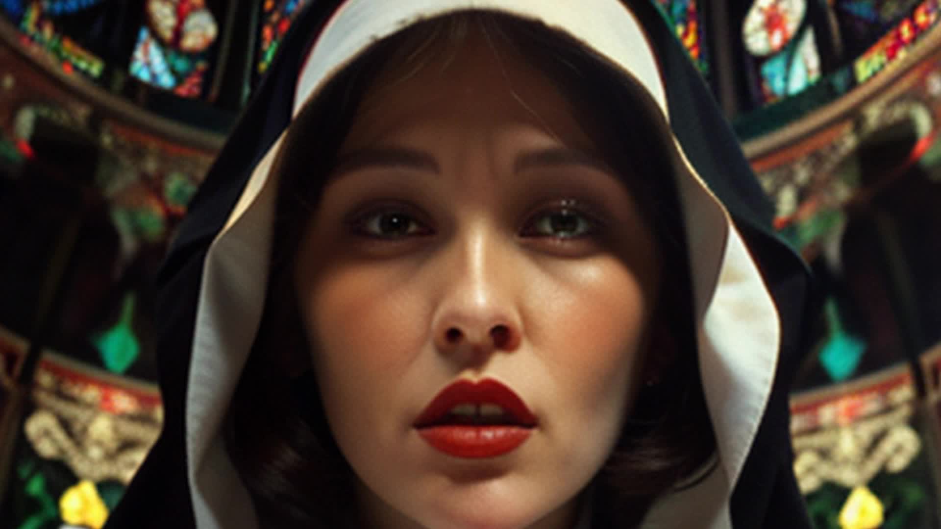 Extreme close up Fractal of the Catholic peekaboo Nuns of the Convent in their Posh habits Psychedelic Fantasy red lipstick Big 1980s Hair Religious Feathers Royalty Luxurious Fractals In the style of Stained Glass Apostolnik scarf Extreme close up Extreme close up Fractal of the Catholic peekaboo Nuns of the Convent in their Posh habits Psychedelic Fantasy red lipstick Big 1980s Hair Religious Feathers Royalty Luxurious Fractals In the style of Stained Glass Apostolnik scarf Extreme close up